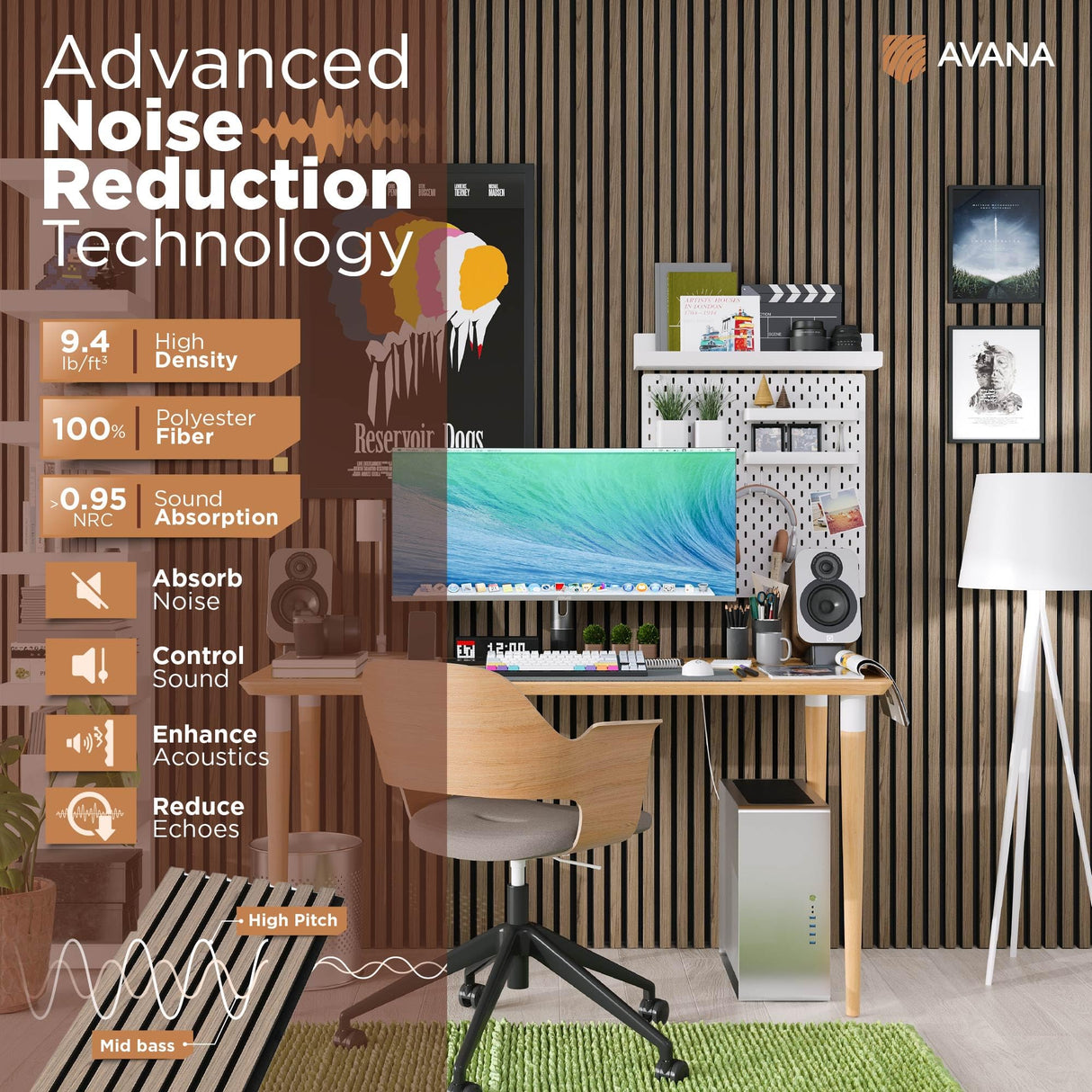 Avana Acoustic Wood Wall Panels – 94.4 x 12.6 Inch Natural Walnut Acoustic Panels 2 PCs – Wall Panels For Interior Wall Decor For Homes, Offices, Studios – Pleasing Decorative Wood Panels For Wall Avana