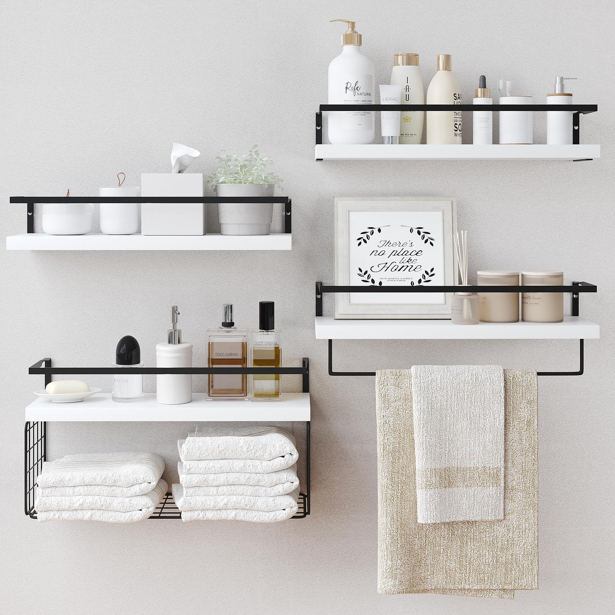 White Wood Floating Shelves Wall Mounted - 3+1 Tier Rustic Bathroom Wall Shelves Over Toilet with Wire Storage Basket and Towel Bar, set of 4 Farmhouse Floating Shelf for Bathroom, Kitchen, Bedroom. LUDORU