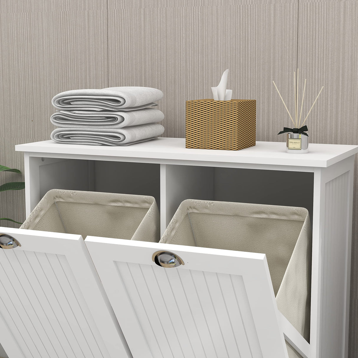 OQSC Double Tilt Out Trash Cabinet Laundry Sorter Cabinet Free Standing Laundry Cabinets and Storage Dog Proof Recycling Cabinet Kitchen Island with Garbage Bin (White) OQSC
