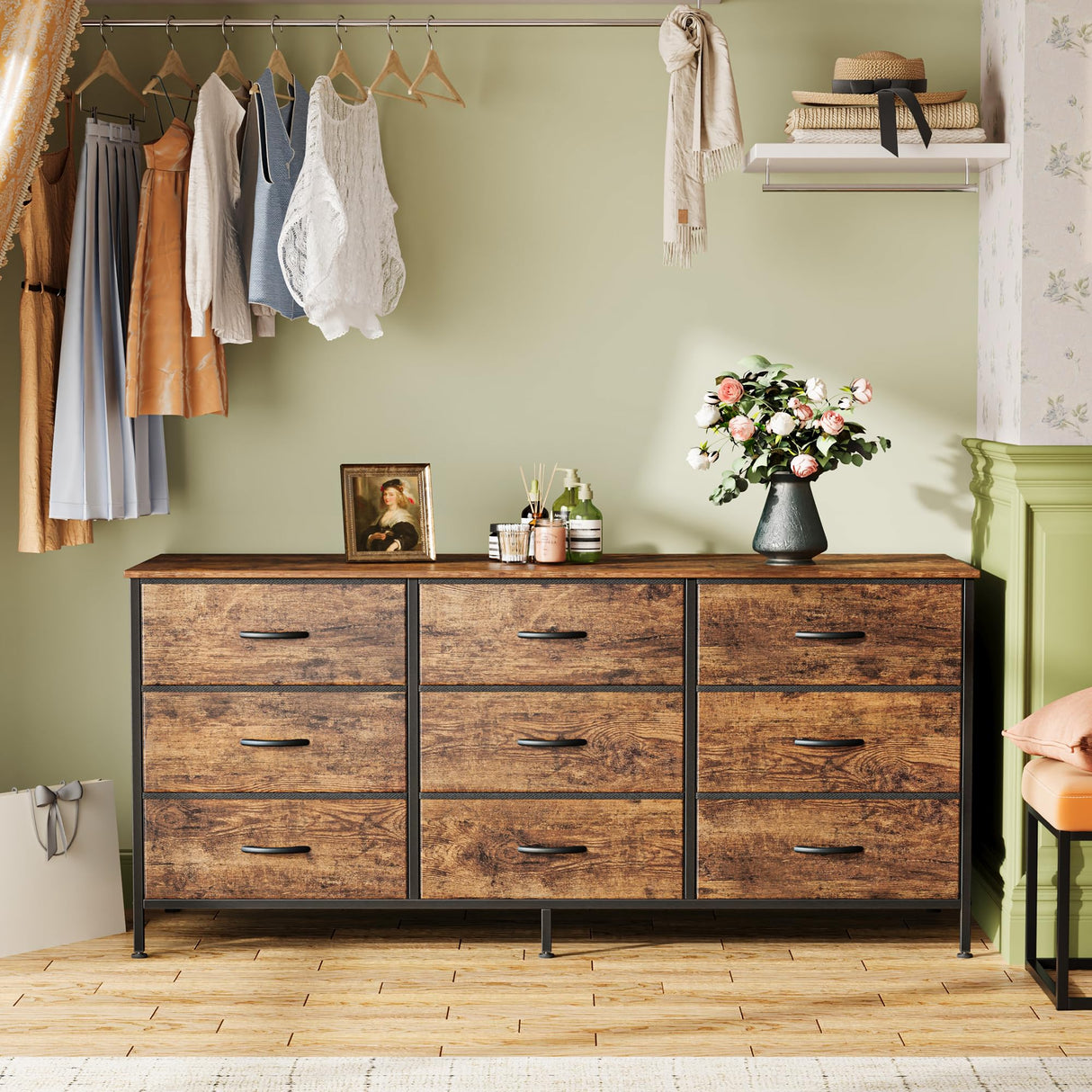 Huuger 9 Drawer Dresser, 47 Inch Dresser TV Stand for 50, 55 Inch TV, Entertainment Center with Drawers, Fabric Dresser Chest of Drawer for Bedroom, Closet, Rustic Brown Huuger