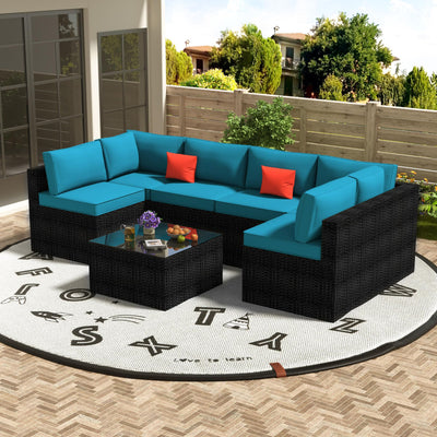 OUGMMGOU 5 Piece Patio Furniture Set, All-Weather PE Rattan Wicker Outdoor Sectional Furniture with Tempered Glass Table, Outdoor Couch Set