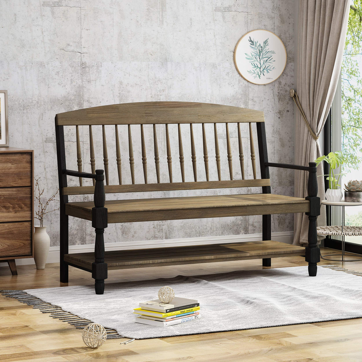 Christopher Knight Home Eddie Indoor Farmhouse Acacia Wood Bench with Shelf, Gray and Black Finish Christopher Knight Home