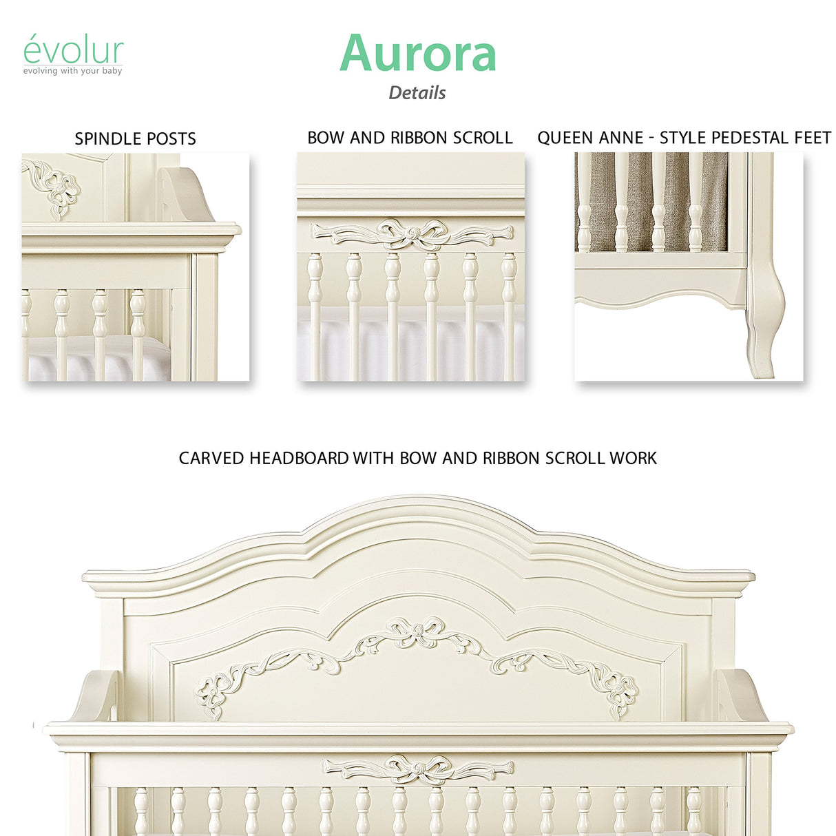 Evolur Aurora 5-In-1 Convertible Crib In Ivory Lace, Greenguard Gold Certified, Features 3 Mattress Height Settings, Sturdy And Spacious Baby Crib, Wooden Furniture, 832-FW Evolur