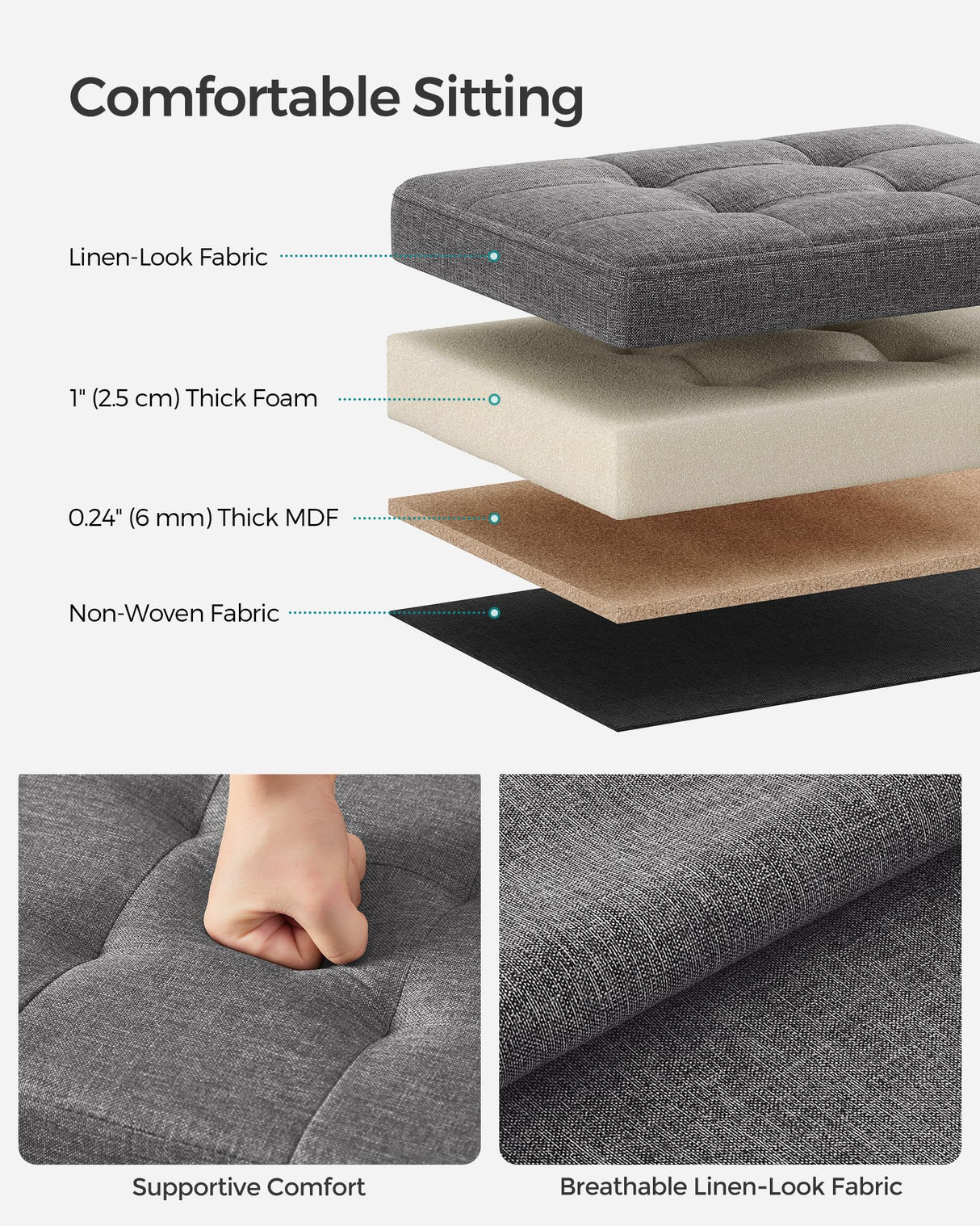 SONGMICS Mazie Collection - Small Folding Storage Ottoman, Foot Rest Stool, 12.2 x 16.1 x 12.2 Inches, 286 lb Load Capacity, for Living Room, Bedroom, Home Office, Dorm, Dark Gray ULSF102G01 SONGMICS