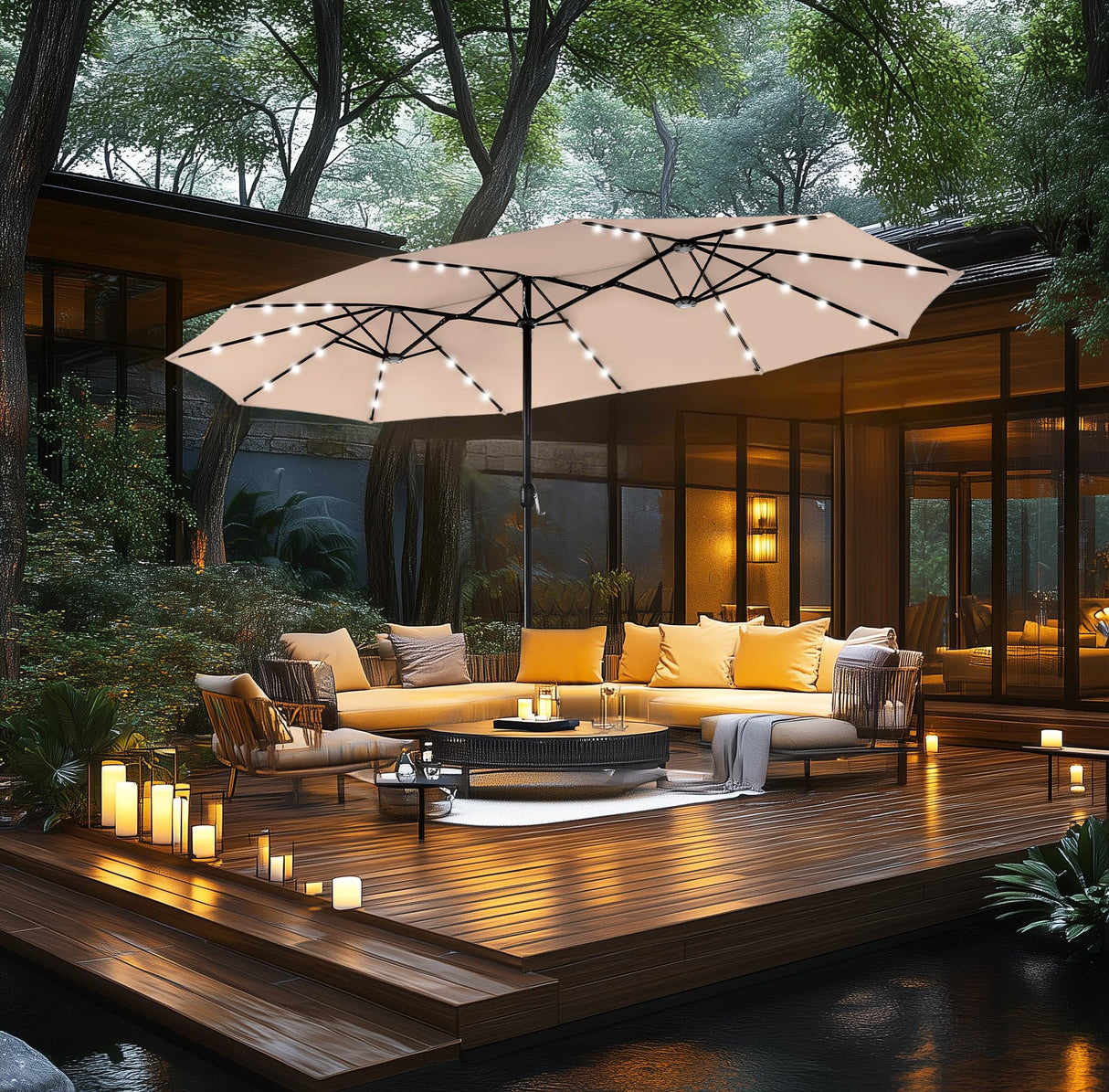 MFSTUDIO 15ft Double Sided Patio Umbrella with Solar Lights, Outdoor Large Umbrellas with Crank Handle and 36 LED Lights, Rectangular Market Umbrella with Base Included for Deck Pool Shade, Beige MFSTUDIO