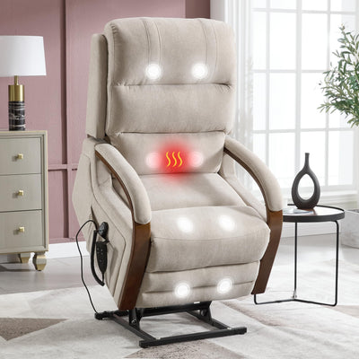 Power Lift Recliner Chair for Elderly People, Dual Motor Lift Chair with Vibration Massage and Heat, Lay Flat Recliner with Solid Wood Armrest, Standing Assistance Reclining, Chenille Fabric Beige