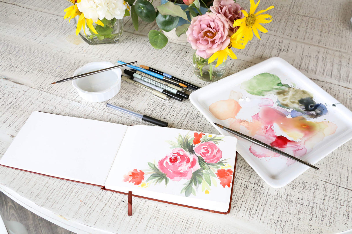 Linden Art Watercolor Journal, 140 lb (300 GSM), 64 Cold Pressed 8.5"x5.5" Pages, Watercolor and Mixed Media Travel Journal, Brown PU Leather Hard Cover Linden Art