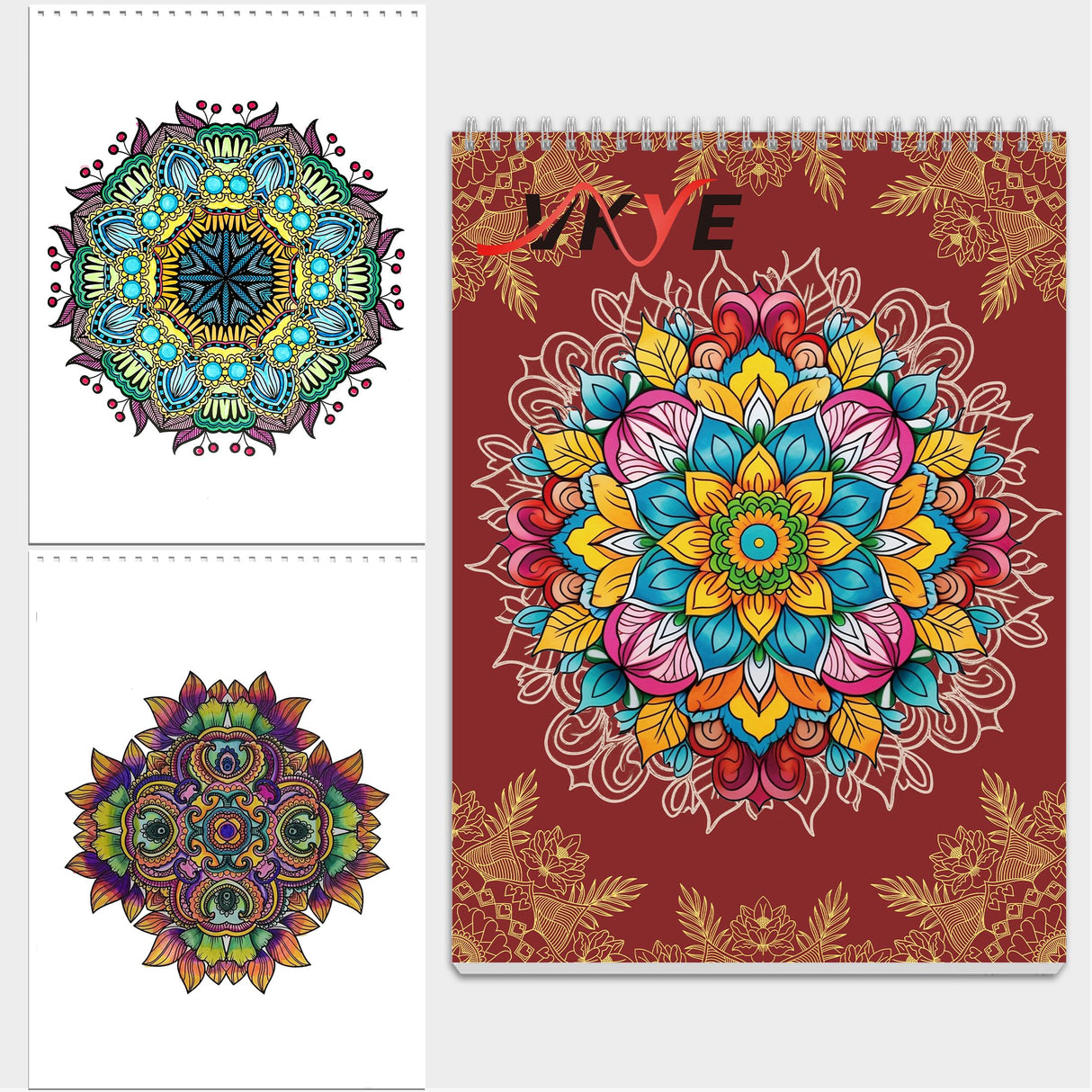 Set of 2 - Adult Coloring Book Seasonal Blossoms & Mandalas with Exquisite Patterns, Ideal Art for Women & Teens, Markers Recommended, Thick Paper, Spiral Bound, Anxiety and Depression, VKYE