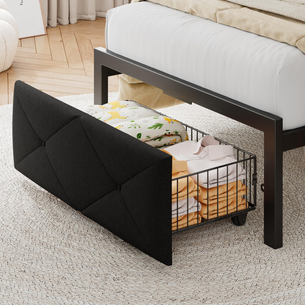 Einhomn Twin Bed Frame with Storage Drawer, Metal Platform Bed with Charging Station, Upholstered Button Tufted Storage Headboard, No Box Spring Needed, Noise-Free, Easy Assembly, Black Einhomn