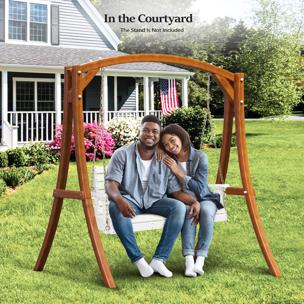 VINGLI Heavy Duty 1600 LBS HDPE Porch Swing Outdoor with Rotatable Cup Holder, 4 FT Patio Bench Swing with Adjustable Chains, 2 Person Hanging Porch Swing Chair for Porch, Yard, Tree, Garden - White VINGLI