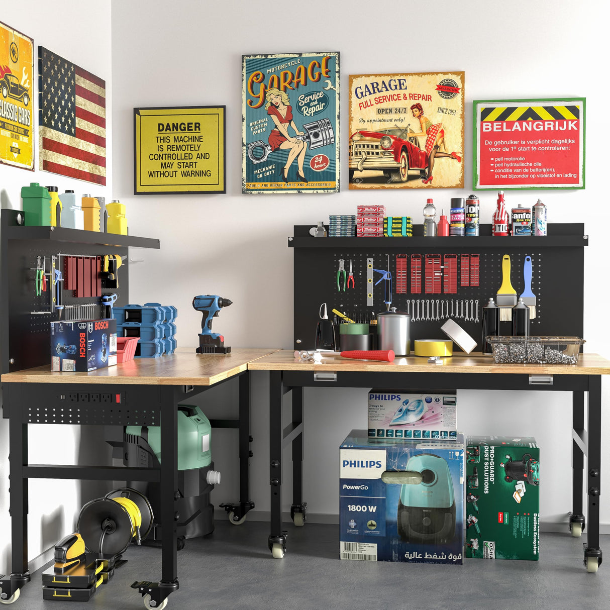 Betterhood 48" Heavy Duty Adjustable Workbench with Large Pegboard, Adjustable Work Table with Power Outlets & Lockable Wheels, Rubber Wood Workstation for Garage, Workshop, Office, Home, Commercial Betterhood