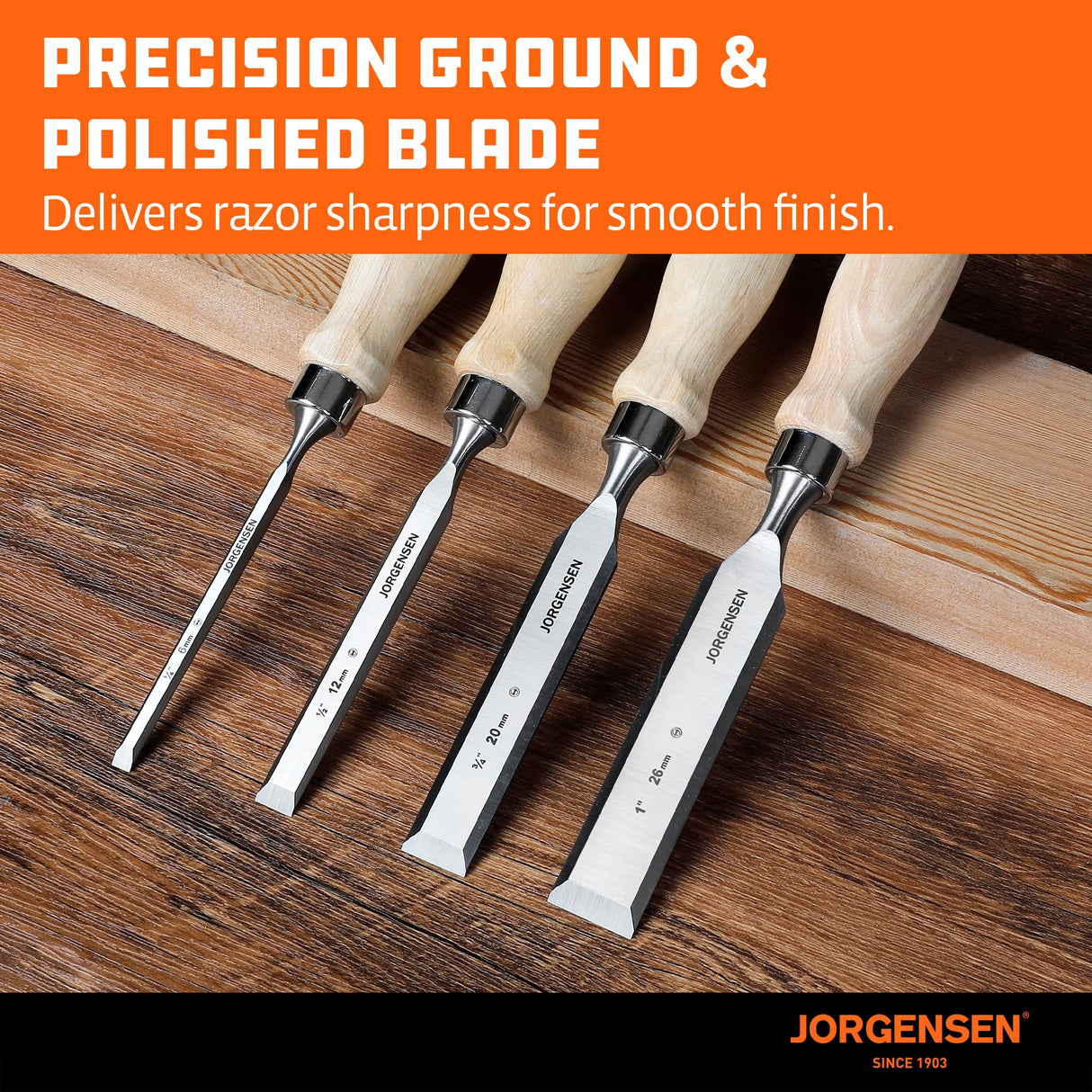 Jorgensen 4-Piece Wood Chisel Set, Chromium Alloy Steel Beveled Edge Wood Chisels, Wood Chisels for Woodworking, Ergonomic Hardwood Handle with Metal Ferrule, 1/4", 1/2", 3/4", 1" Jorgensen