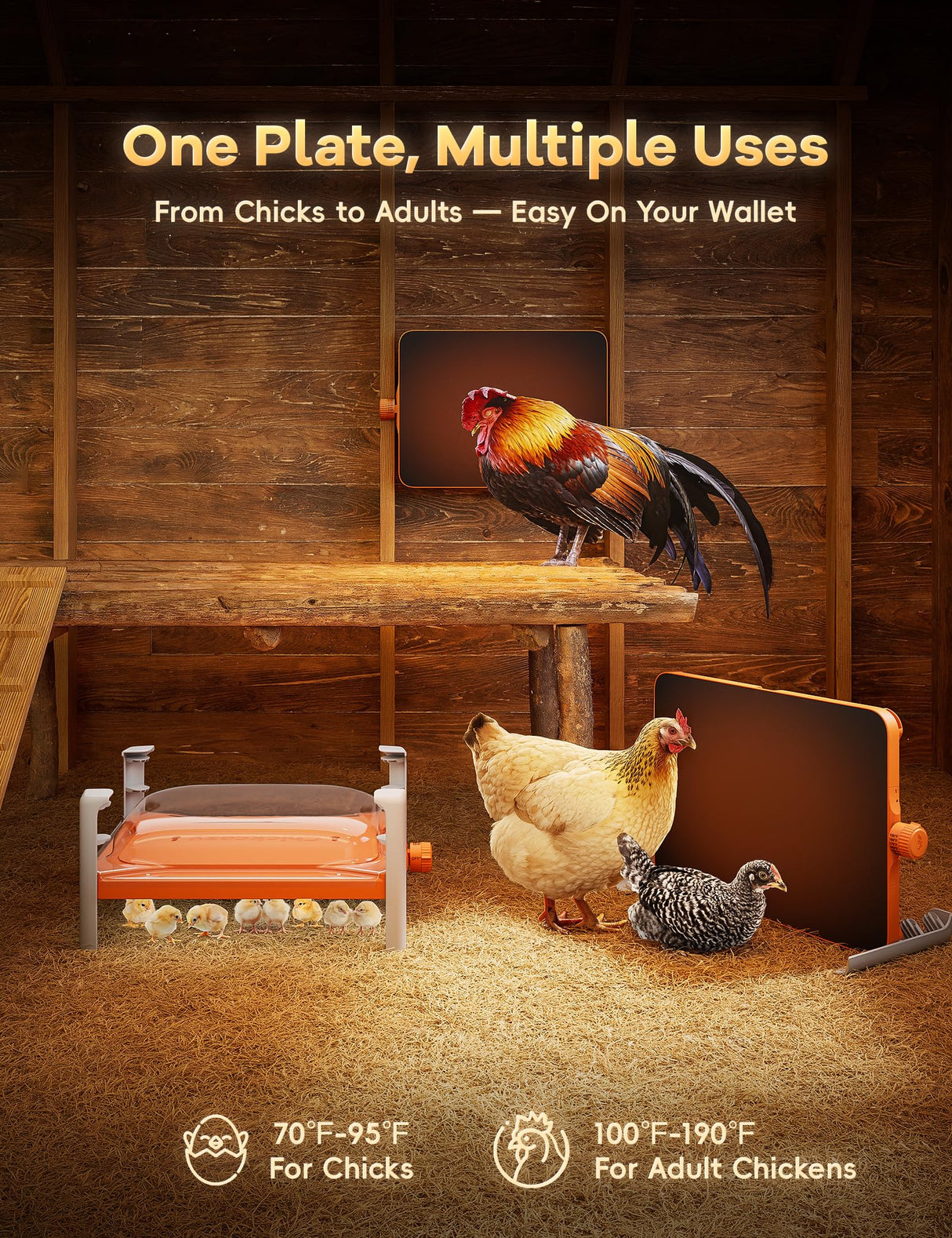 Smart Chicken Coop Heater, 200 Watts Chick Brooder Heating Plate Built-in Adaptive Temperature Sensor, Chicken Brooder Heater for 25 Chicks, Adaptable to Timer and Temp Controllers,UL-Compliant Chickcozy