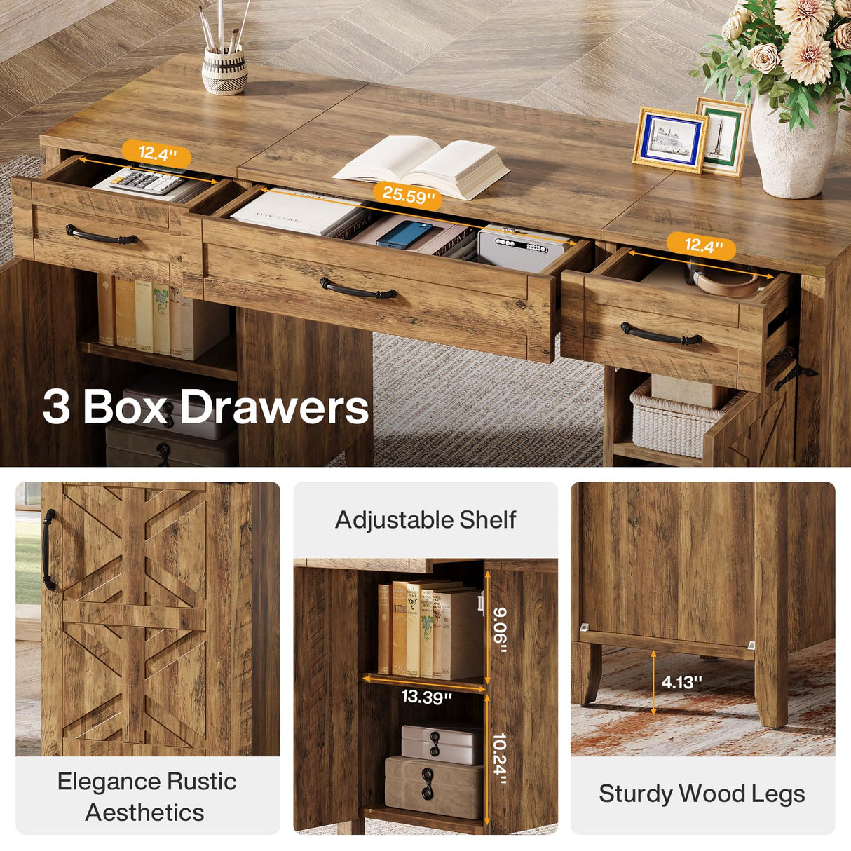 Tribesigns Farmhouse Executive Desk, 59-Inch Executive Computer Desk with File Drawers and Storage Cabinets, Rustic Writing and Study Desks for Home Office Tribesigns