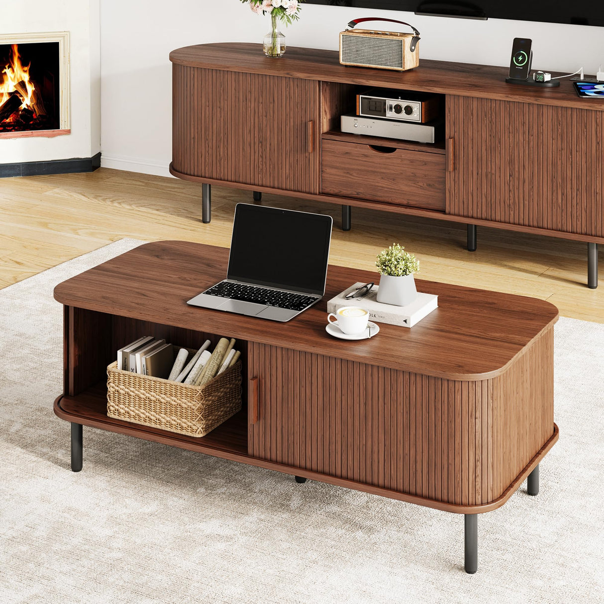 Coffee Table with Storage, 47.2" Mid Century Modern Coffee Tables for Living Room, Rectangle Wood Center Table with Sliding Tambour Door & Adjustable Leg for Living Room, Walnut ONBRILL