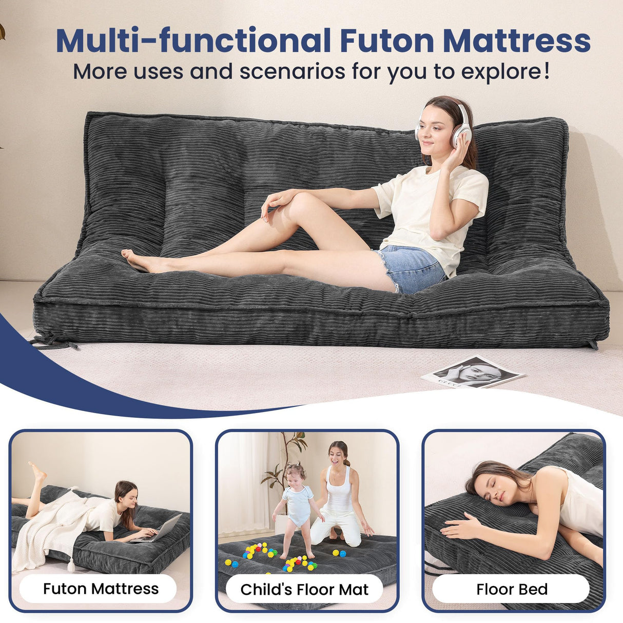 cidludto 8 Inch Futon Mattress Full Size, Extra Thick Futon Sofa Bed Upgraded Japanese Floor Mattress Floor Futons Mattress for Adults Foldable Japanese Futon Mattress 8", Grey cidludto