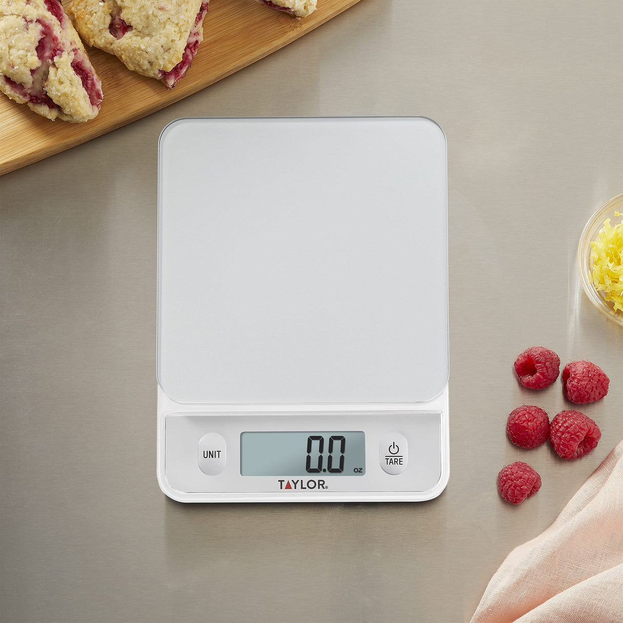 Taylor Glass Top Food Scale with Touch Controls, 11 lb Capacity, Sleek Silver Design, Accurate and Easy-to-Use Scale for Cooking and Baking Taylor