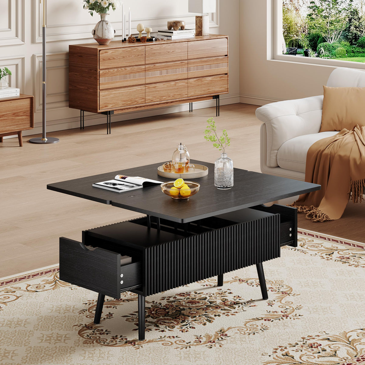 Cakhdry 40" Lift Top Coffee Table, 4 in 1 Multi-Function Coffee Tables with Storage Drawers and Expandable Desktop, Mid Century Modern Fluted Dining Table Center Table for Living Room, Black Cakhdry