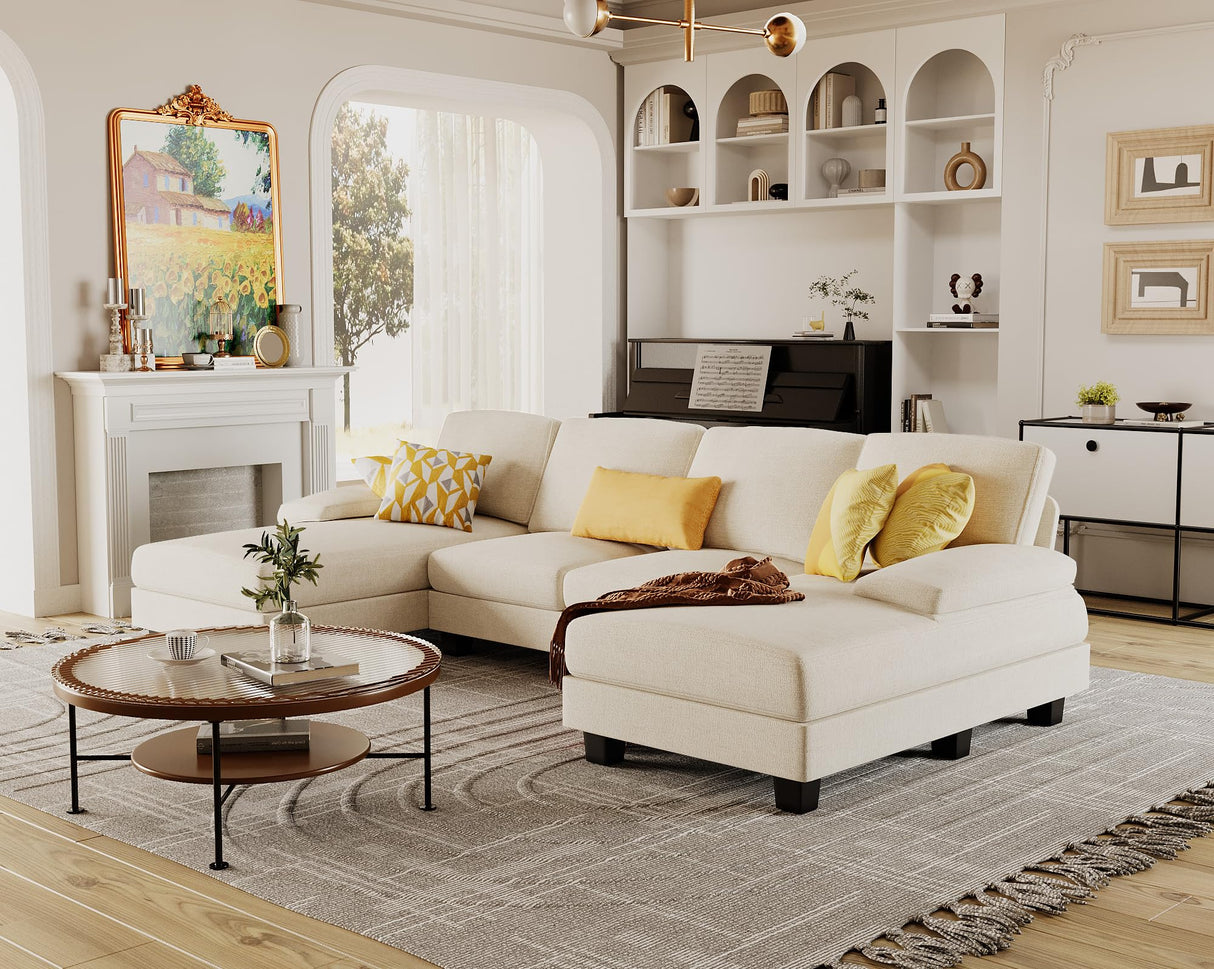 Furmax Sectional Couches for Living Room, U-Shaped Sofa Couch with Linen Fabric, 4 Seat Sofa Set with Double Chaise for Apartment (Fabric, White) Furmax