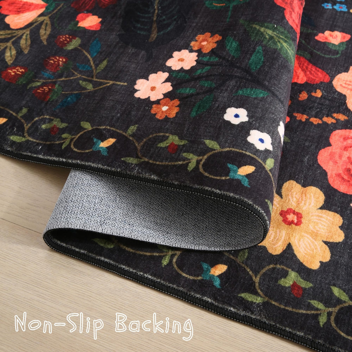 Rugcomf Living Room Rug 5x7 Rug Machine Washable Boho Area Rug Non Slip Floral Vintage Low Pile Large Rugs for Living Room, Bedroom, Farmhouse, Dining Room, Kids Playroom(Black) Rugcomf
