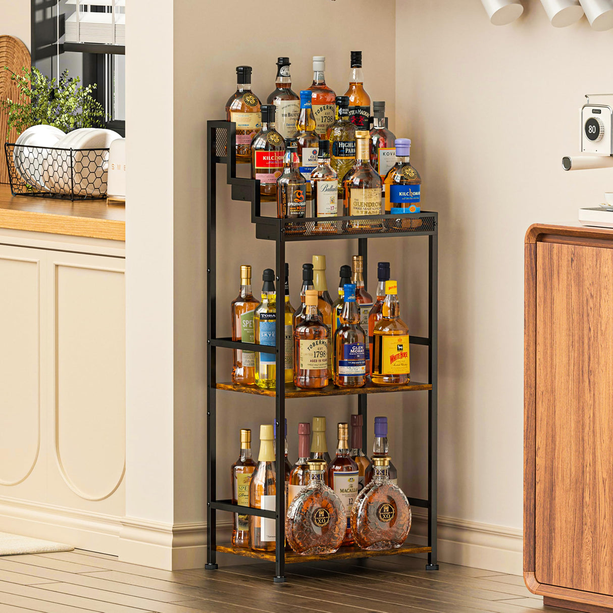Jsskeeim Trapezoidal Liquor Cabinet Bar for Home, Stepped Wine Rack Freestanding Floor, Corner Syrup & Whiskey Stand, Large-Capacity Alcohol Bottle Storage Display Shelf Living Room, Patent Pending Jsskeeim