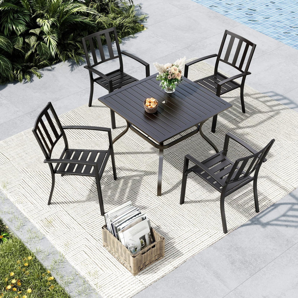 MFSTUDIO Outdoor Dining Set for 4, Patio Table and Chairs Set with Umbrella Hole, Metal Patio Furniture Set for Deck/Backyard/Poolside/Garden MFSTUDIO