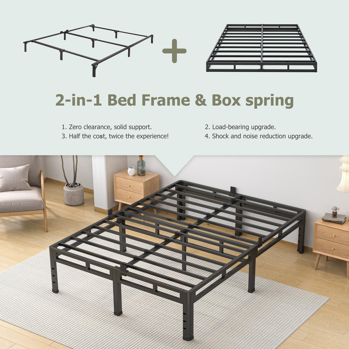 NKZ King Size Bed Frame 16 Inch, Metal Bed Frame & Box Spring 2 in 1 Platform with Round Corner Legs, 4000lbs Weight Capacity Reinforced Metal Frame, Headboard Hole, Noise-Free, Easy Assembly NKZ