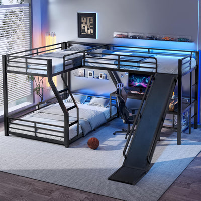 Tdewlye L-Shaped Twin Over Full Bunk Bed with Twin Size Loft Bed, Metal Triple Bunk Bed with Slide,USB Ports and Desk,Space-Saving and Noise-Free Design for Kids (Black-@S)