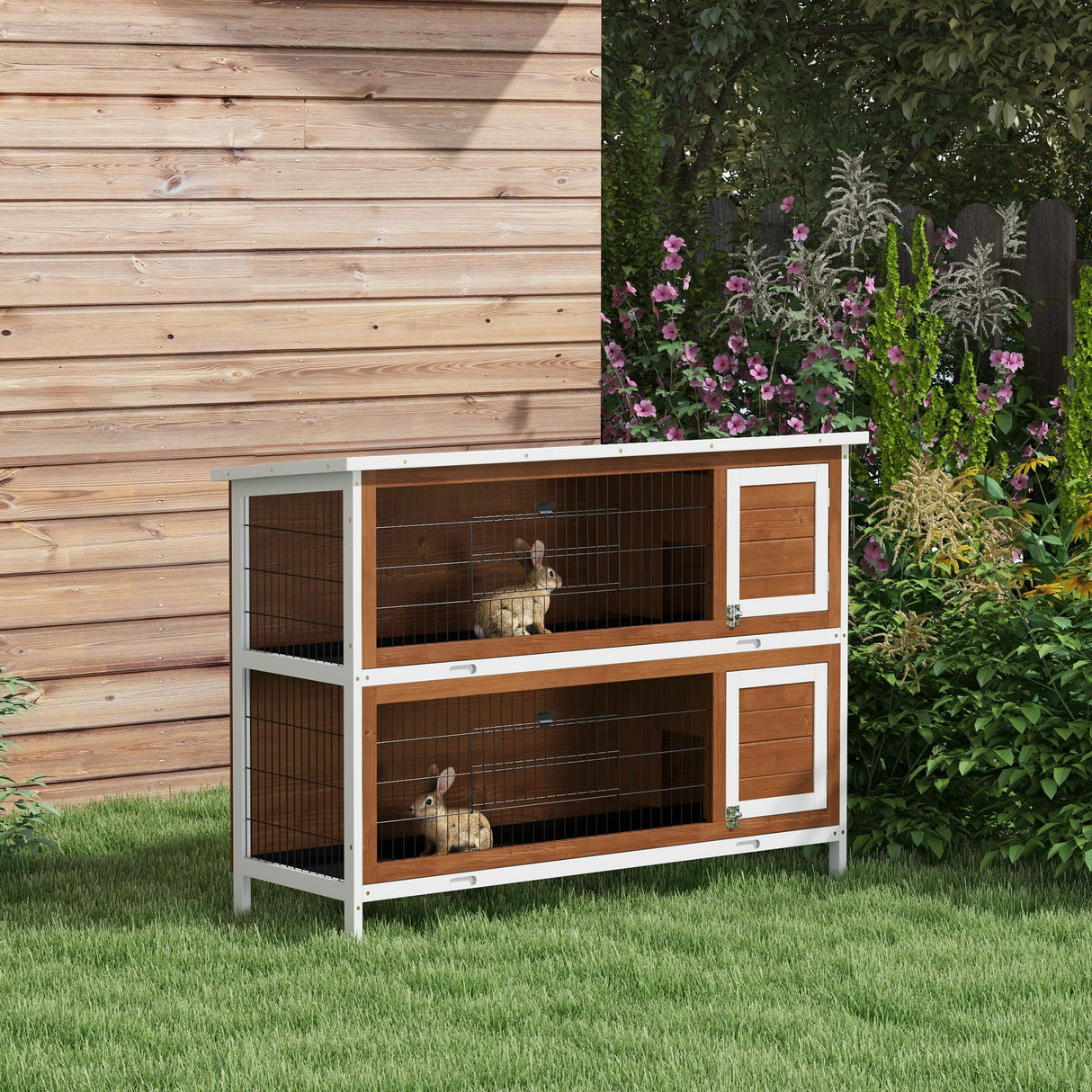 PawHut 54" 2-Story Large Rabbit Hutch Bunny Cage Wooden Pet House Small Animal Habitat with Lockable Doors, No Leak Tray and Waterproof Roof for Outdoor/Indoor Brown PawHut