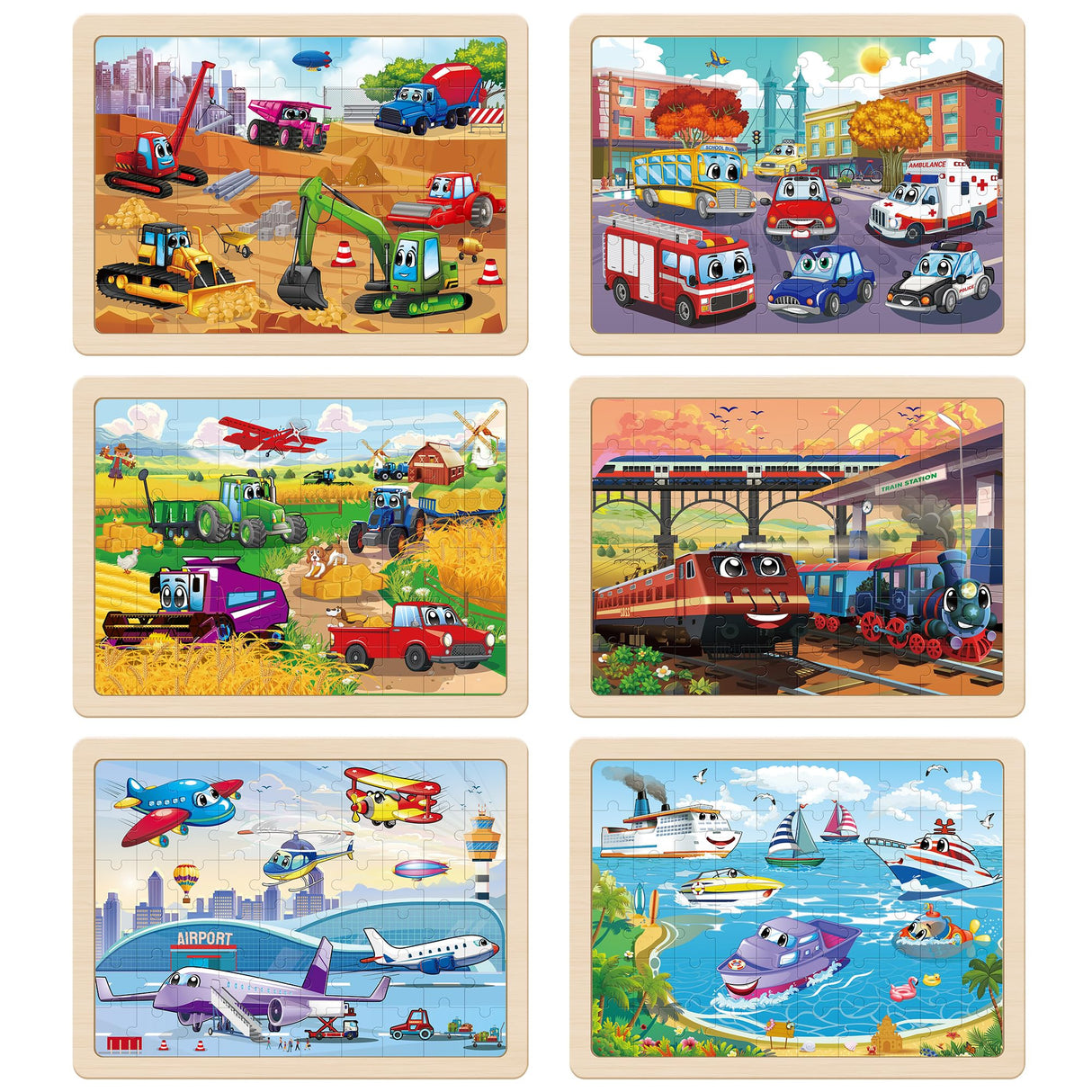 SYNARRY Wooden Vehicle Puzzles for Kids Ages 4-6, 6 Packs 60 PCs Jigsaw Puzzles Preschool Educational Toys Gifts for Children Ages 4-8, Kids Puzzles for 4+ Year Olds Boys Girls, Wood Puzzles Ages 3-10 SYNARRY