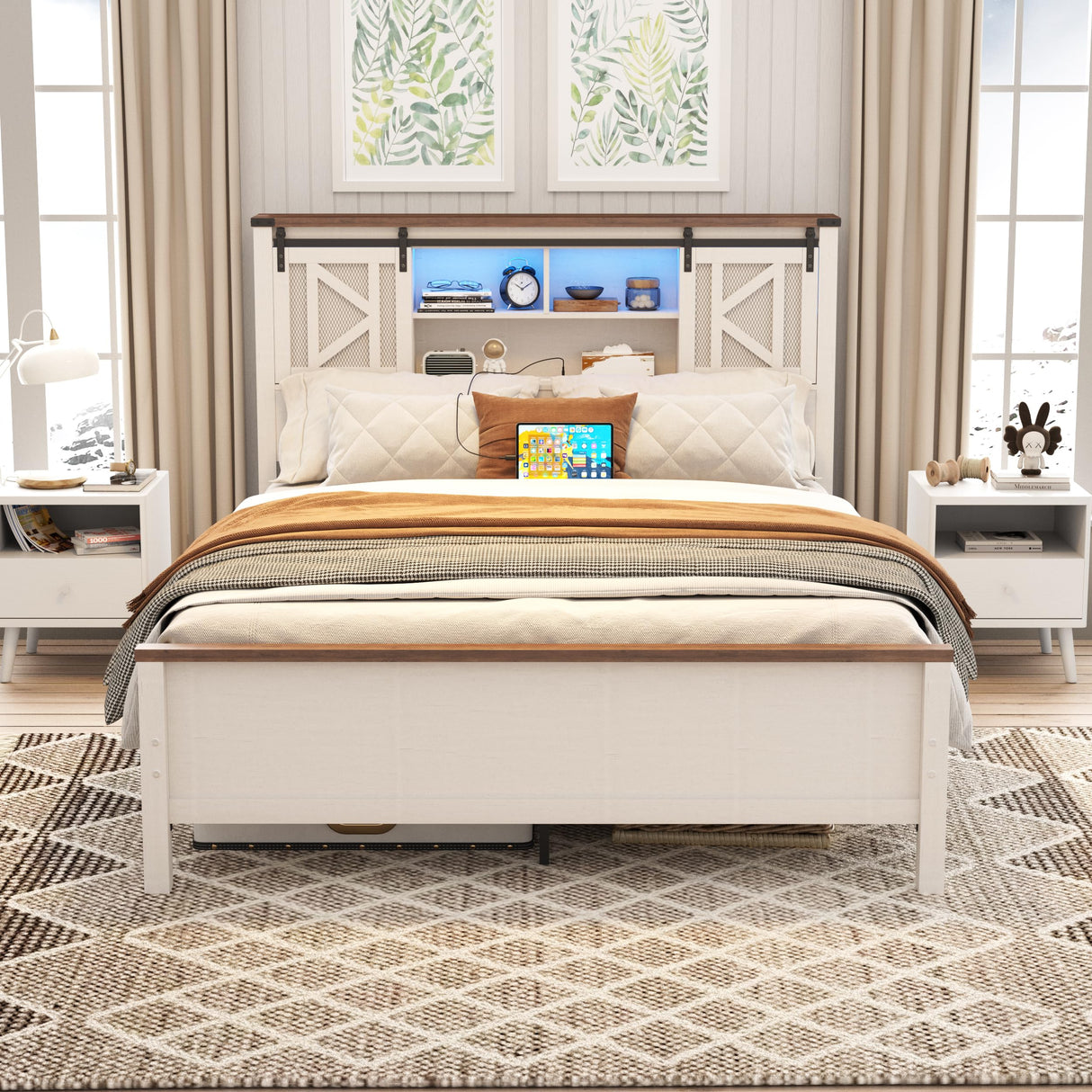 Vabches Farmhouse Full Size Bed Frame with Storage Bookcase Headboard, LED Lights and Charging Station, Sliding Barn Door and Adjustable Shelves, No Box Spring Needed, White Vabches