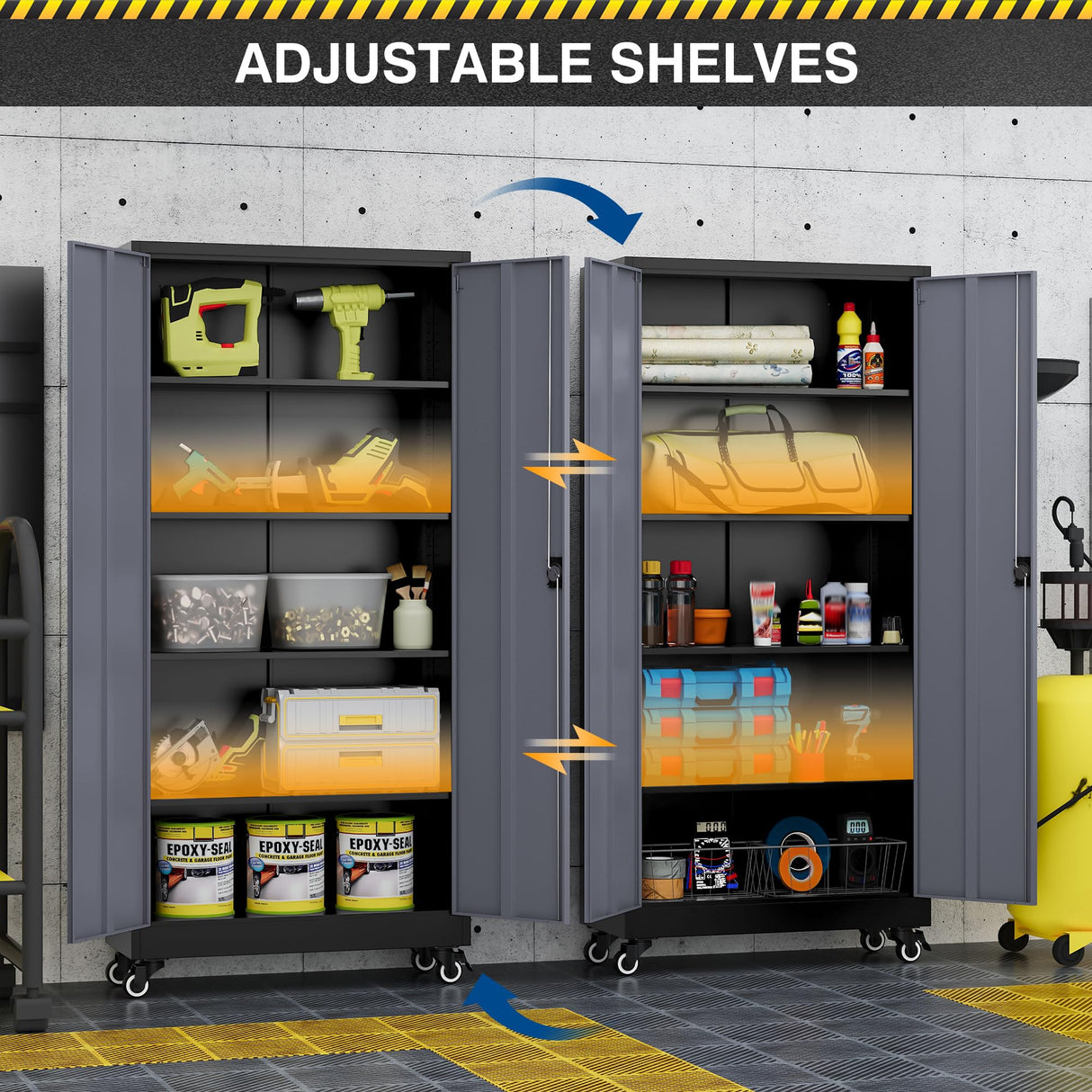 Fesbos Metal Rolling Storage Cabinet-74.6” Tall Steel File Cabinets with Wheels Lockable Doors and Adjustable Shelves-Black & Gray Steel Storage Cabinet for Home, School, Office, Garage Fesbos