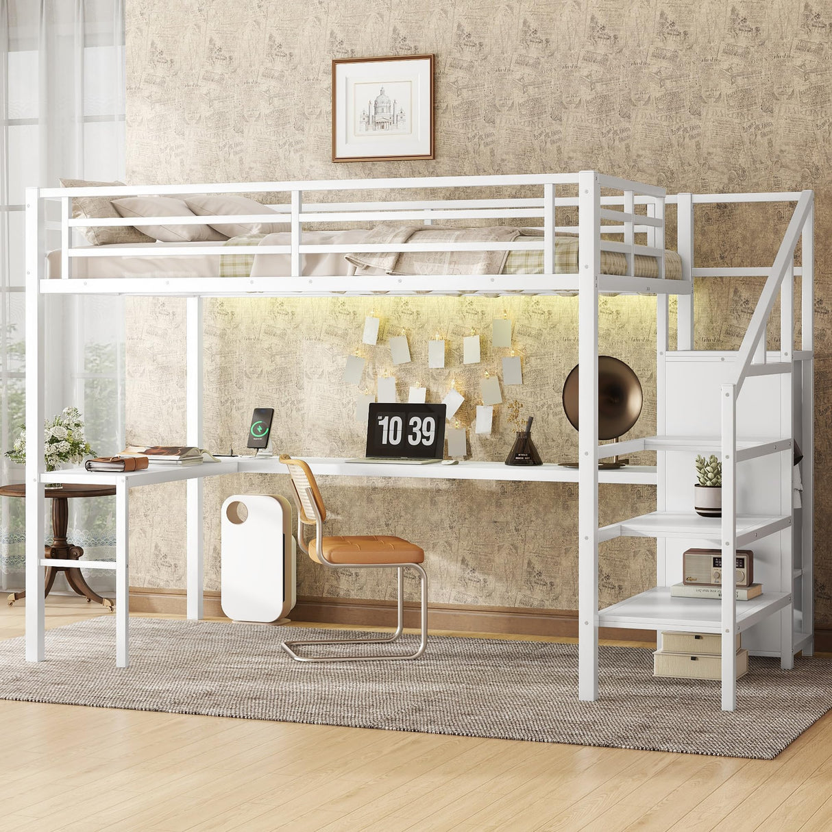 Full Loft Bed with Stairs and Wardrobe, Full Size Loft Bed with Desk and Storage, Metal Loft Beds with Charging Station and Light, White Bellemave