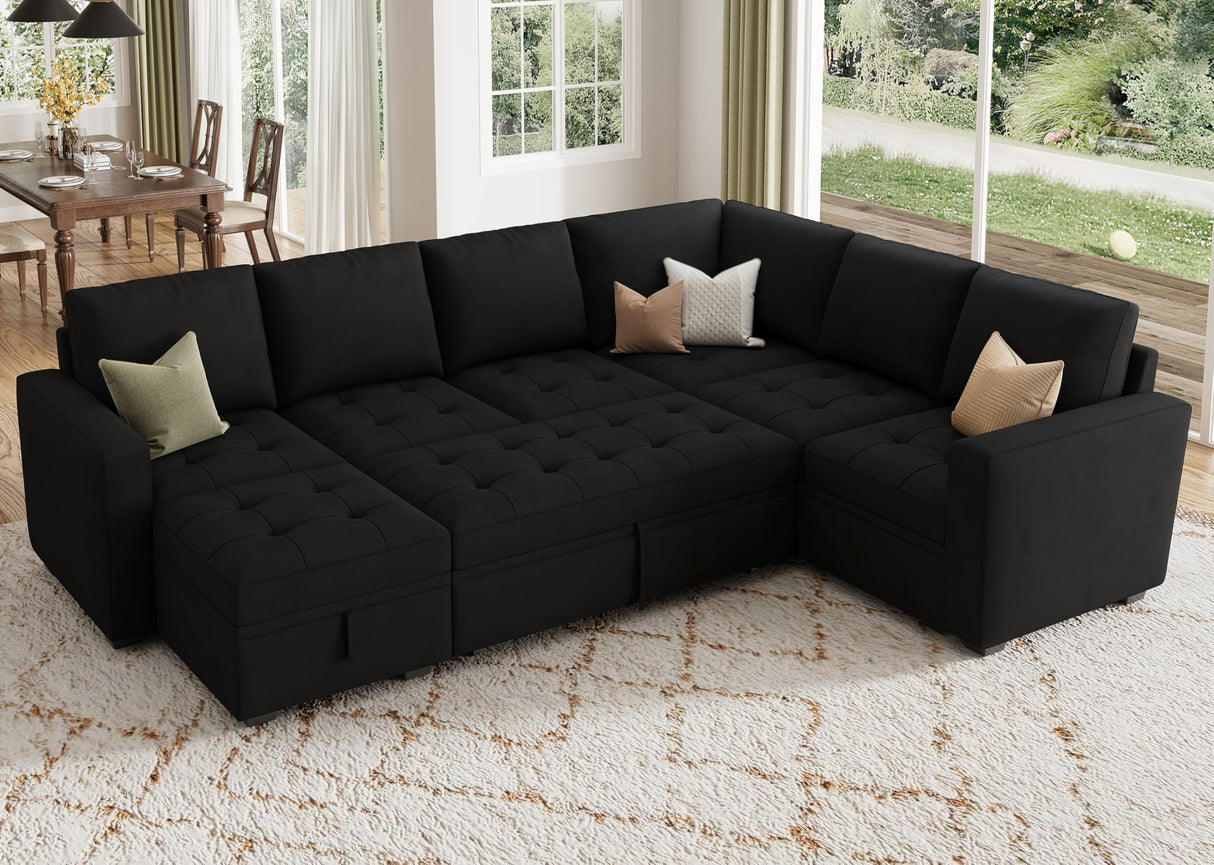 HONBAY Modular Sectional Sleeper Sofa with Pull Out Bed, Velvet Convertible L Shaped Couch with Storage Seat, Sectional Couches for Living Room, Black HONBAY