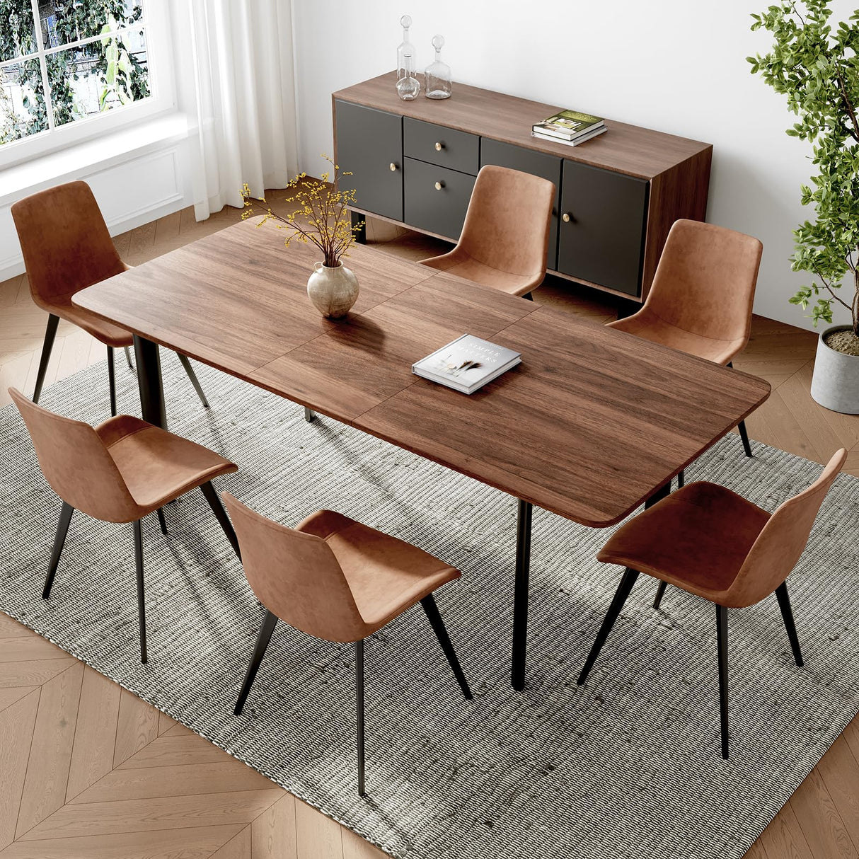 HIPIHOM 63"- 78.7" Extendable Dining Table Set for 6, Modern Kitchen Table with 6 Dining Chairs, Thickened Expandable Wooden Table with Metal Legs for Dining Room, Kitchen HIPIHOM