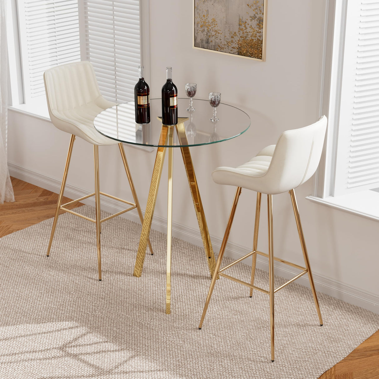 SIZOTA 3 Piece Pub Dining Set, Modern Round Bar Table and Chairs for 2, 30" Counter Height Barstools and Glass Kitchen Table Set, 31" Small Dining Table with 2 Stools(Beige) SIZOTA