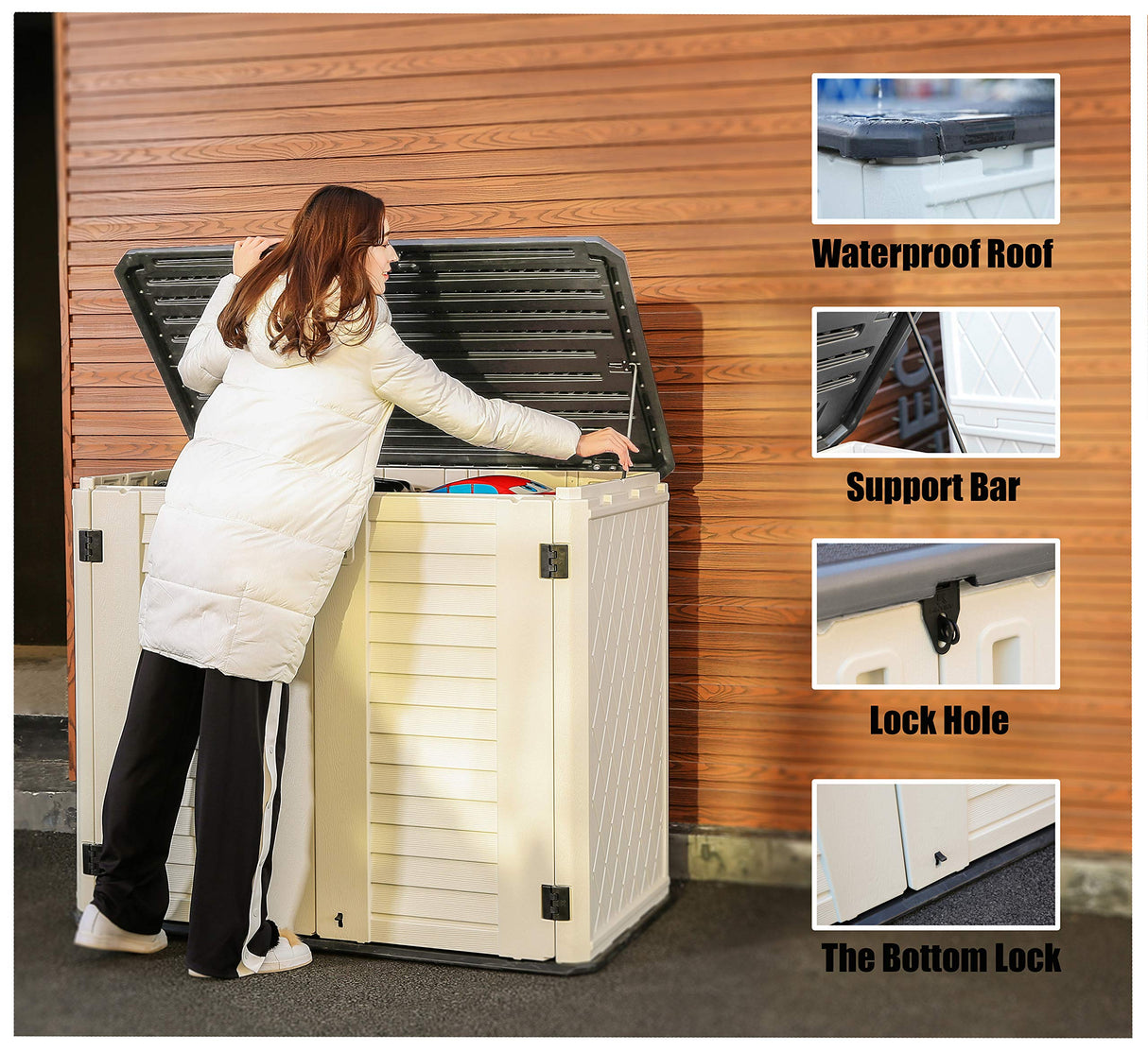 ADDOK Horizontal Storage Shed Weather Resistance, Large Outdoor Storage Cabinet Lockable, Thick HDEP Plastic Storage Unit for Backyards, Patio, Garden(26 Cu.ft/Ivory White) ADDOK