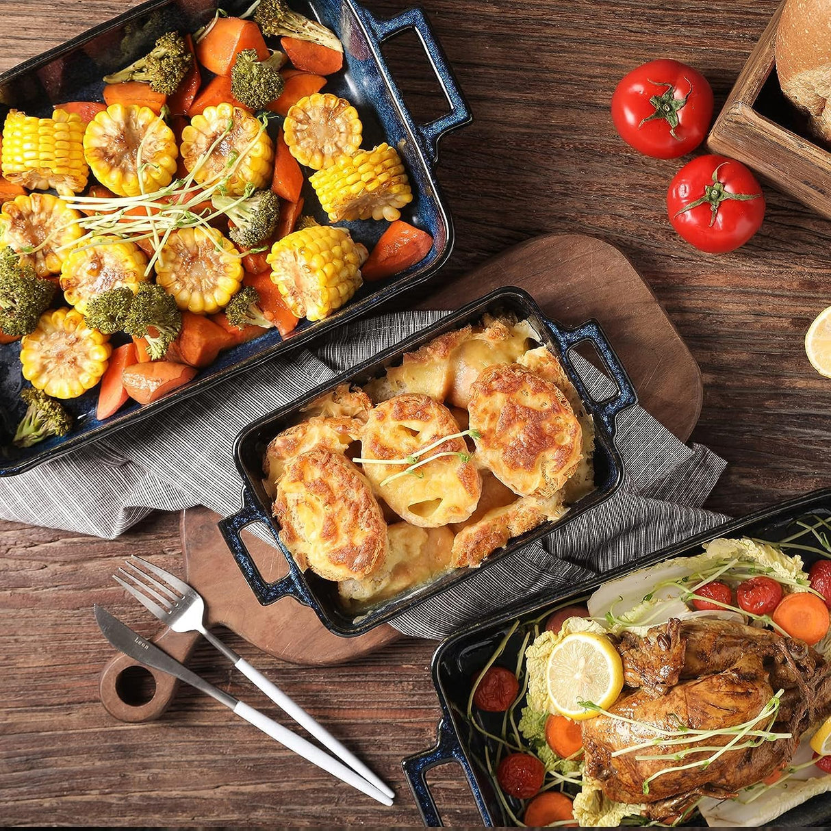 VICRAYS Ceramic Bakeware Set, Porcelain Rectangular Lasagna Pans Casserole Dish Set for Baking, Cooking, Kitchen, Cake Dinner, Banquet and Daily Use, 3 PCS, 15 x 8.5 Inches(Blue) vicrays