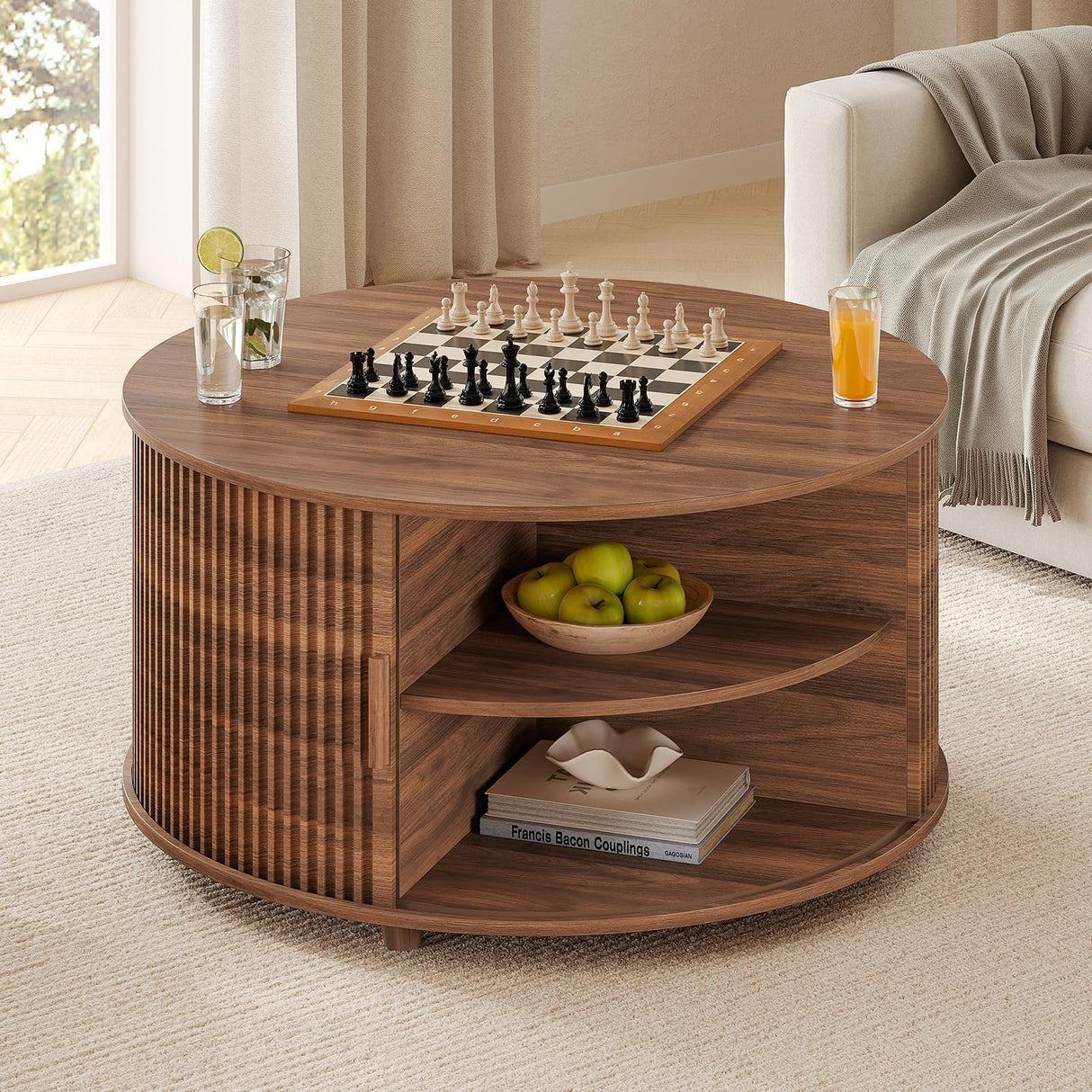 Round Lift Top Coffee Table, 34.6" Modern Coffee Table with 180° Curved Sliding Door, Fluted Accent Coffee Tables with Hidden Storage and Open Shelves, for Living Room, Office, Walnut Sikaic