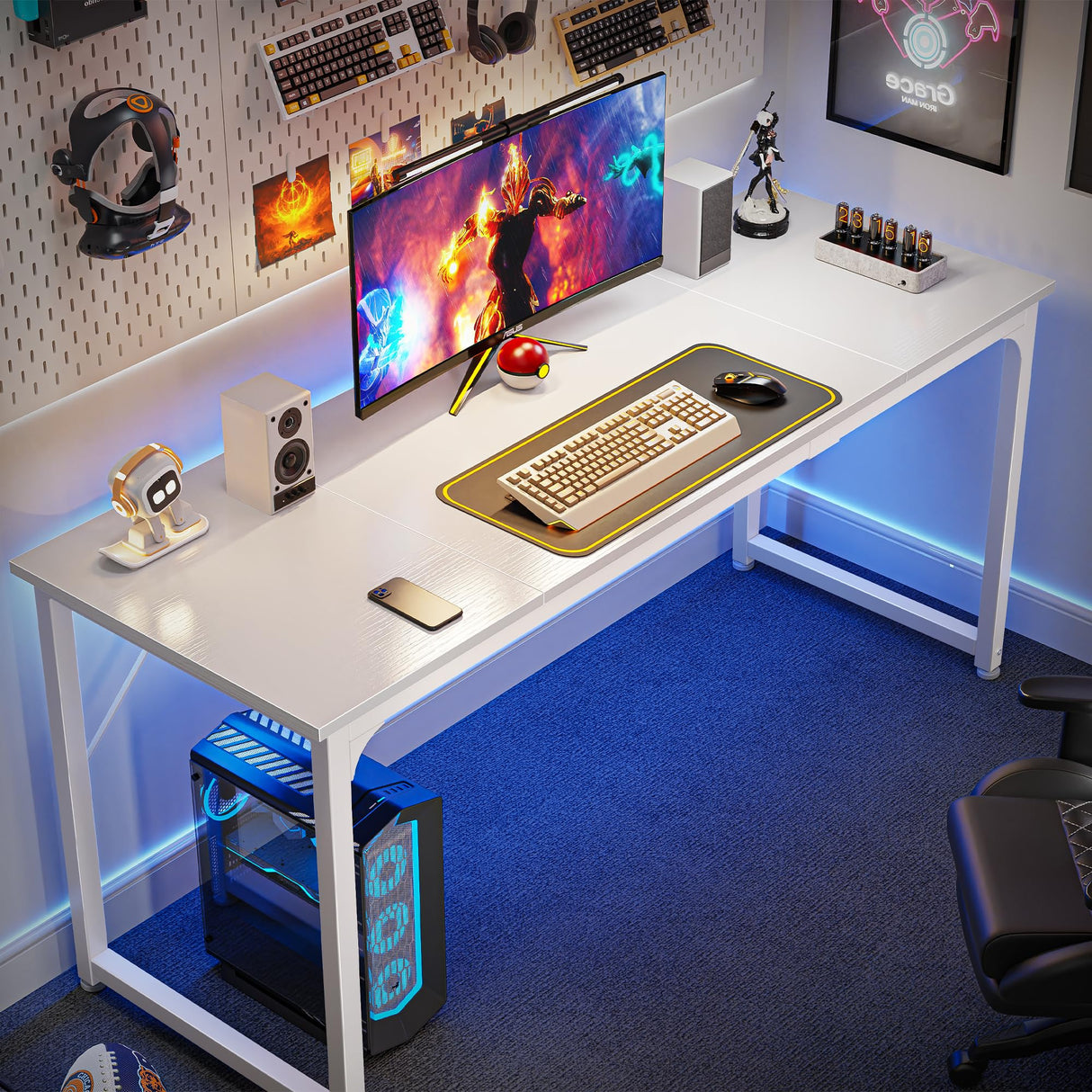 Huuger Computer Desk, 63 Inch Office Desk, Gaming Desk with Storage, Writing Desk Work Desk for Home Office, Study, Modern Simple Desk, Large Legroom, Metal Frame, White Huuger