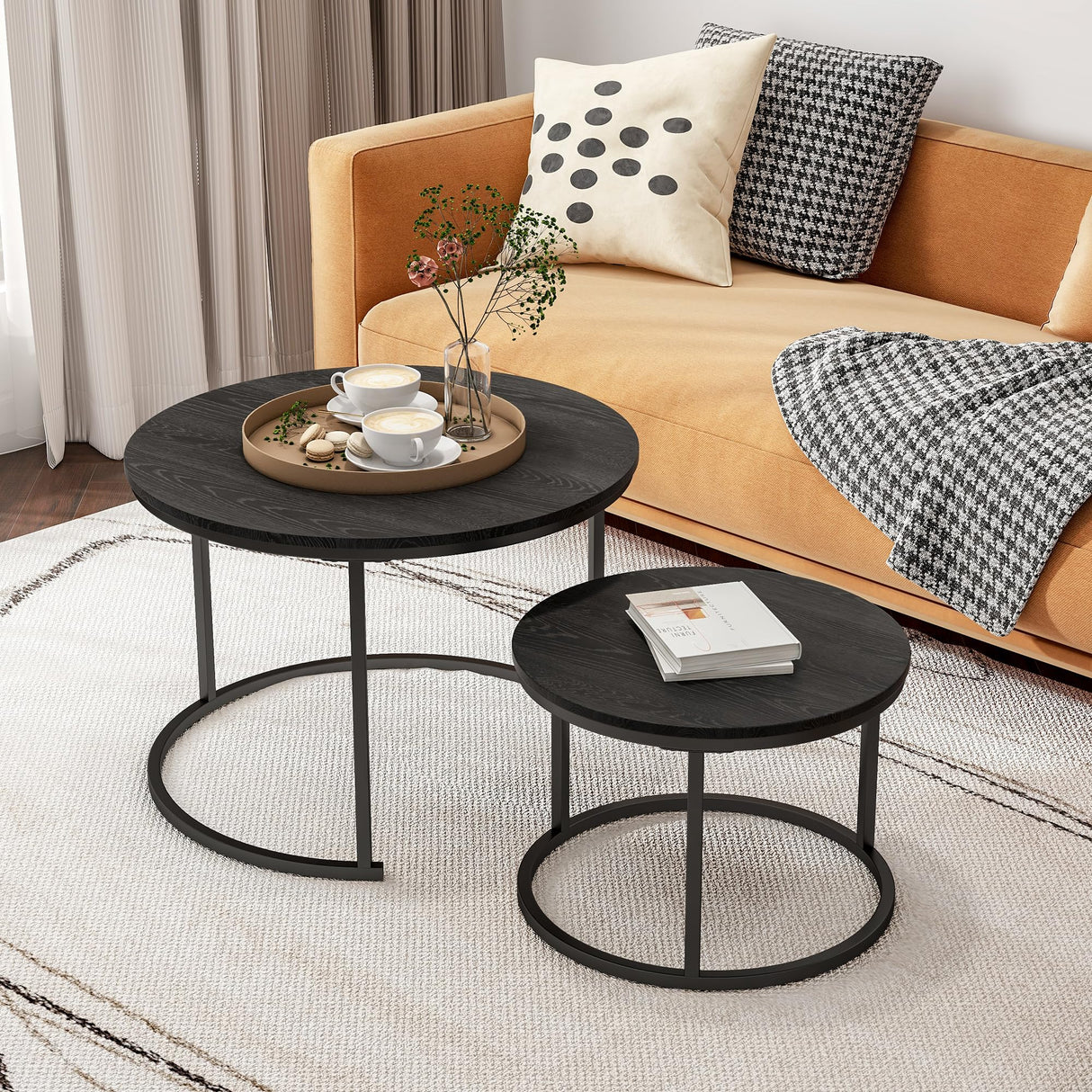 HOJINLINERO Round Coffee Table Set of 2 End Tables for Living Room,Black Coffee Table Nesting Tables,Living Room Table Wooden Accent Furniture Metal Frame,Sturdy Stacking Side Tables,Easy Assembly HOJINLINERO