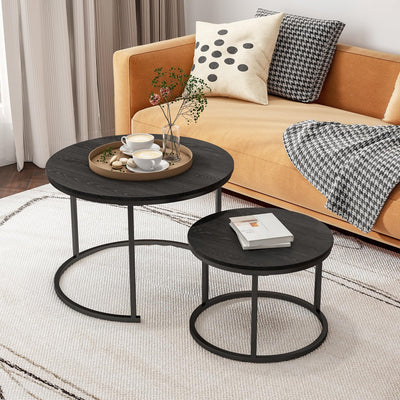 HOJINLINERO Round Coffee Table Set of 2 End Tables for Living Room,Black Coffee Table Nesting Tables,Living Room Table Wooden Accent Furniture Metal Frame,Sturdy Stacking Side Tables,Easy Assembly