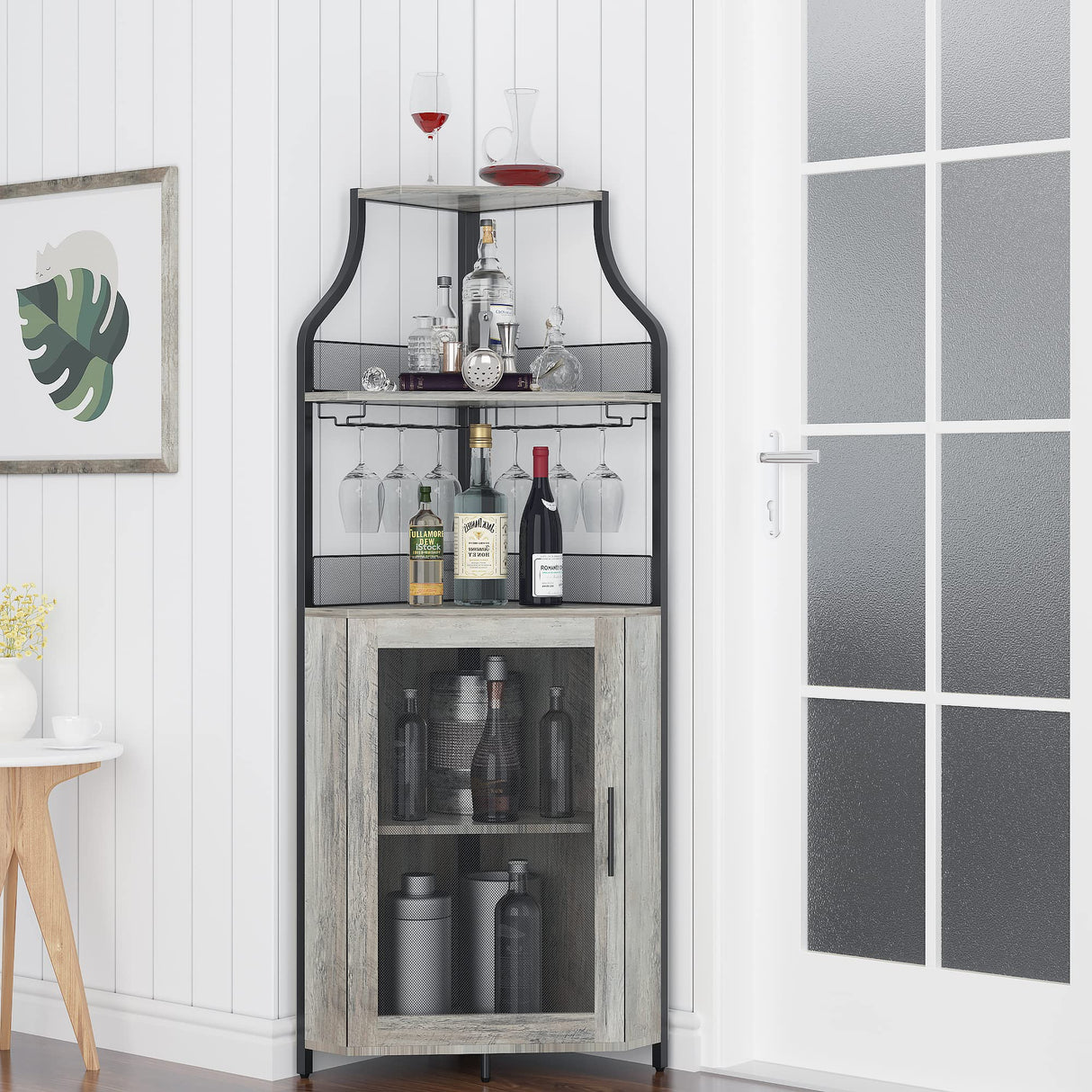 Amyove Corner Wine Bar Rack Cabinet with Detachable Wine Rack, Bar Cabinet with Glass Holder, Small Sideboard and Buffet Cabinet with Mesh Door Amyove