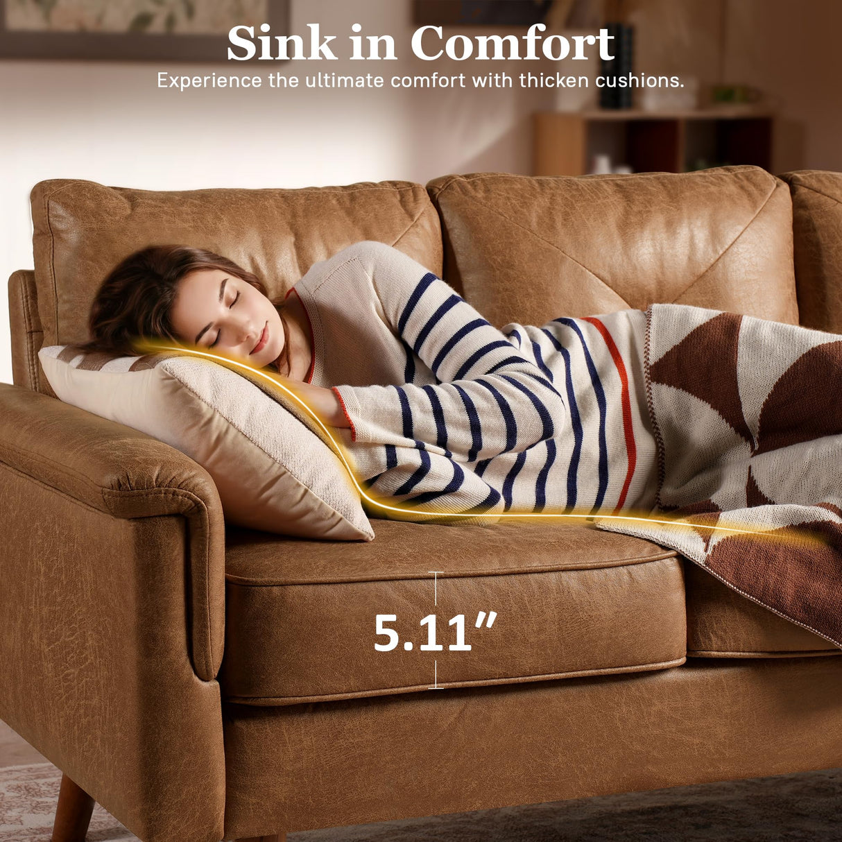 ALTRIGUS Faux Leather Mid-Century Modern Sofa for Living Room,3 Seater Couch with Comfy Cushions,71" Upholstered Sofas with Deep Seat (Brown) ALTRIGUS