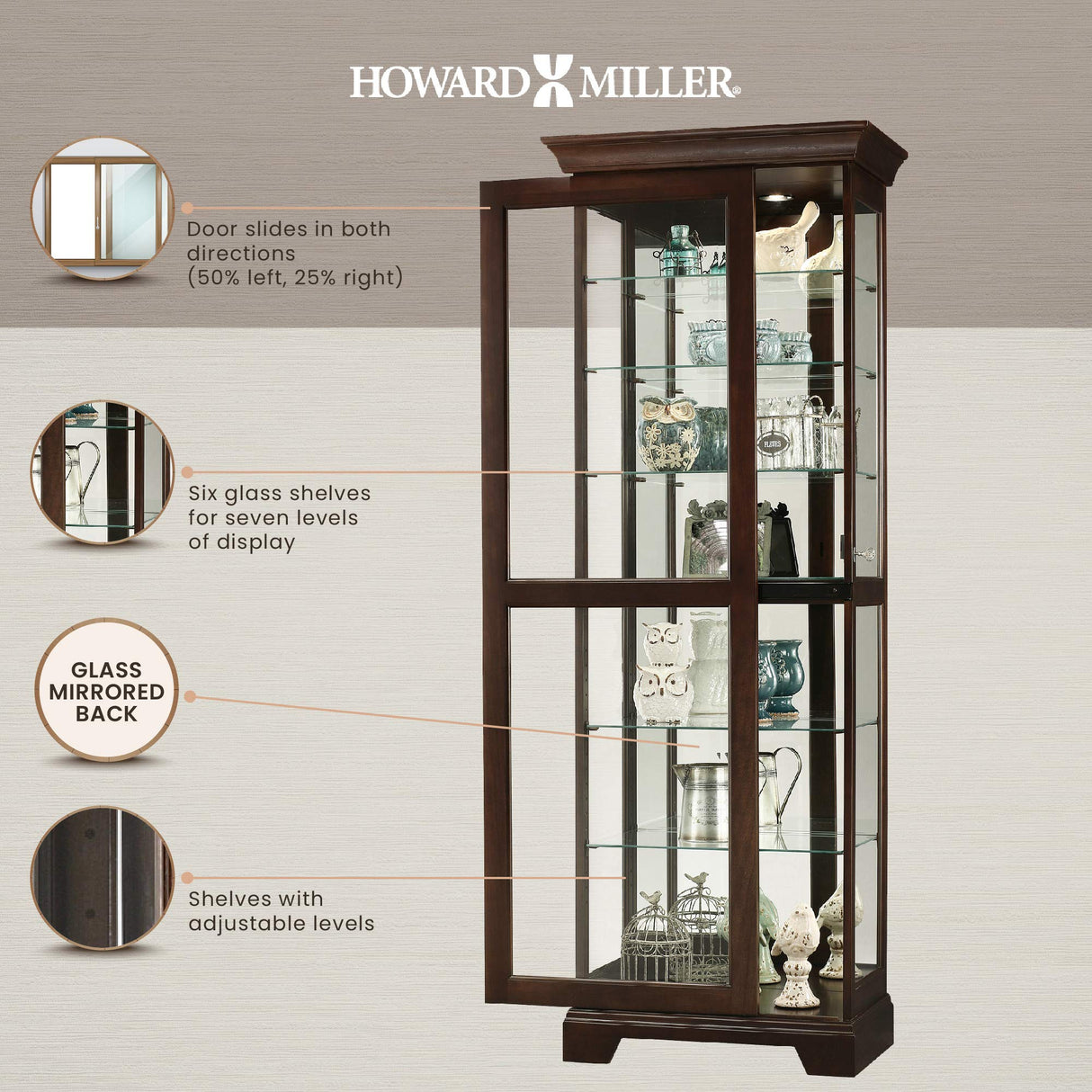 Howard Miller Martindale II Curio Cabinet II - Locking Slide Door, Metal Shelf Clips with Illuminated Espresso Finish Cabinets for Collectibles, Trophies, Home Decor, Living Room Or Dining Area Howard Miller