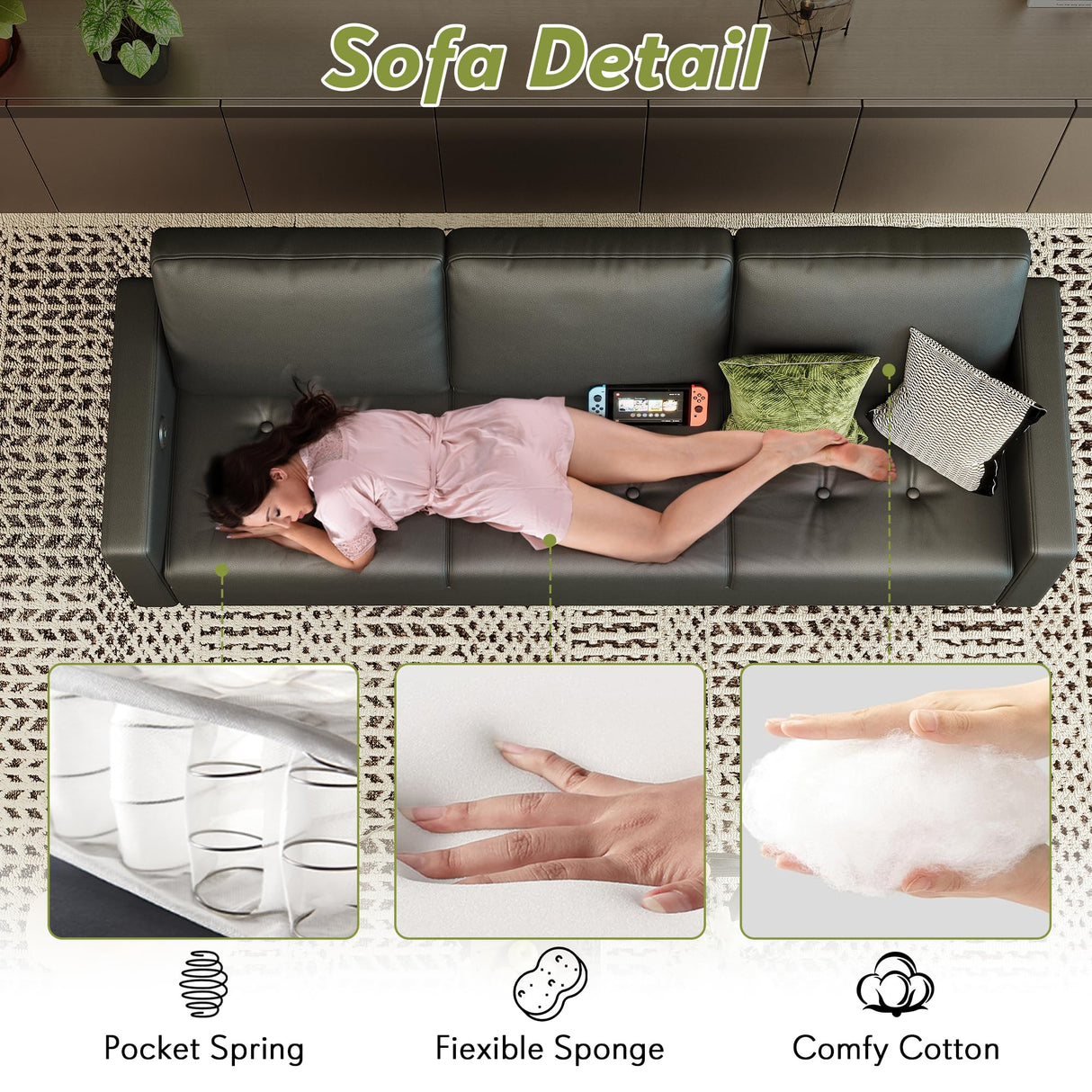 STHOUYN 73” Black Faux Leather Sofa Couch, Modern Comfy Office 3 Seater Couch Loveseat with USB and Tufted Armrest, Small Love Seat Couches for Living Room, Bedroom, Apartment STHOUYN