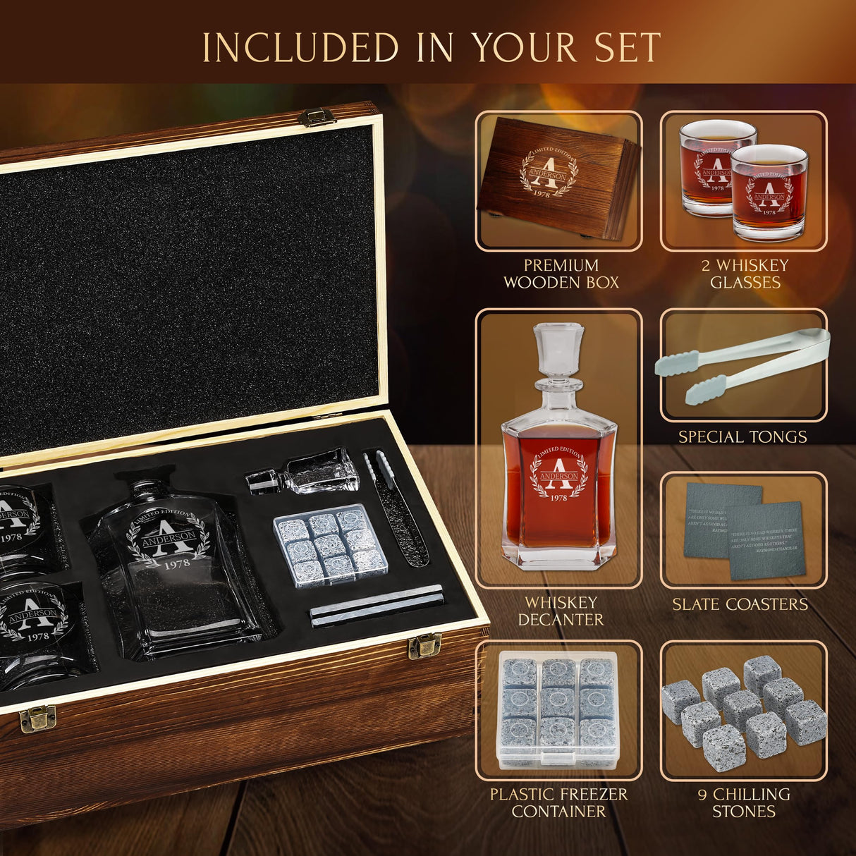 Personalized Whiskey Decanter and Stones Set - Customized Gift for Him - Men, Dad, Father - Engraved Old Fashioned Decanter, Glasses, 9 Granite Stones in Container, Coasters, Tongs in Wooden Gift Box Frolk