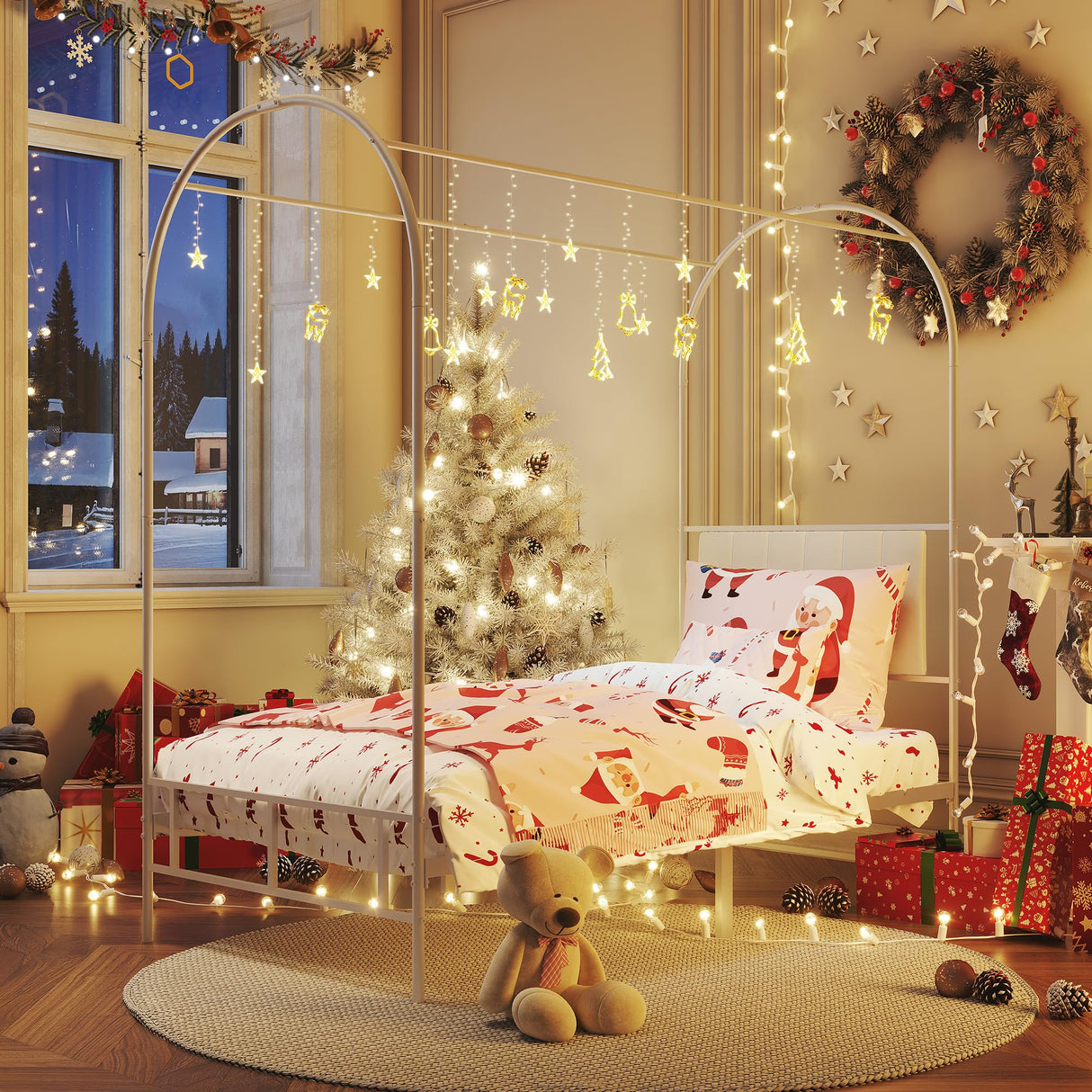 GAOMON Canopy Bed Frame with Upholstered Headboard, Twin Size Bed Frame with Under-Bed Storage, Decorative Arched Metal Bed Frame, No Box Spring Needed, White GAOMON