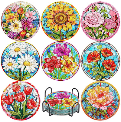 8 Pcs Flower Diamond Painting Coasters Kit with Holder, DIY Flowers Diamond Coaster Non-Slip Coaster for Adults, Crystal Full Drill Rhinestone Diamond Art Diamond Painting Kit Supplies