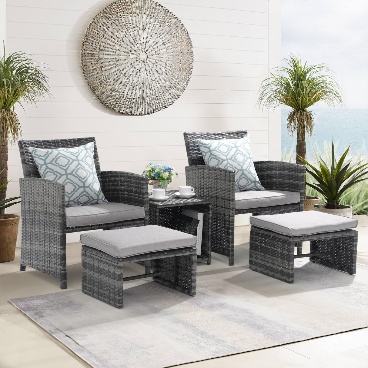 OC Orange-Casual 5 Piece Patio Furniture Set, Wicker Outdoor Conversation Chair and Ottoman Set with Coffee Table, Pillows Included, for Balcony, Porch, Deck, Light Grey OC Orange-Casual